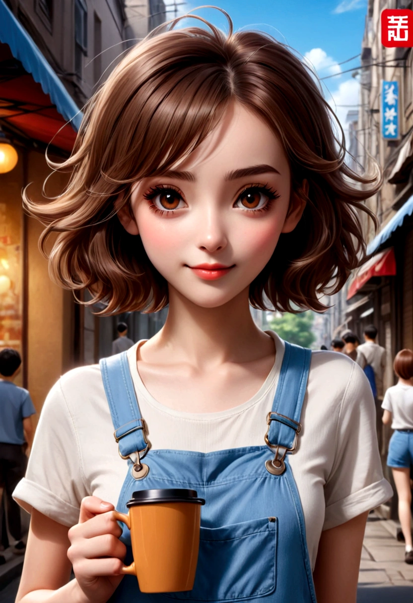 A lovely girl，Short brown hair，Wearing overalls，Coffee in hand，Walking in the street。Background in soft light blue and hues，Anime style illustrations。She has exquisite facial details，big eyes，Long eyelashes，A bright smile，Simple design，HD resolution。