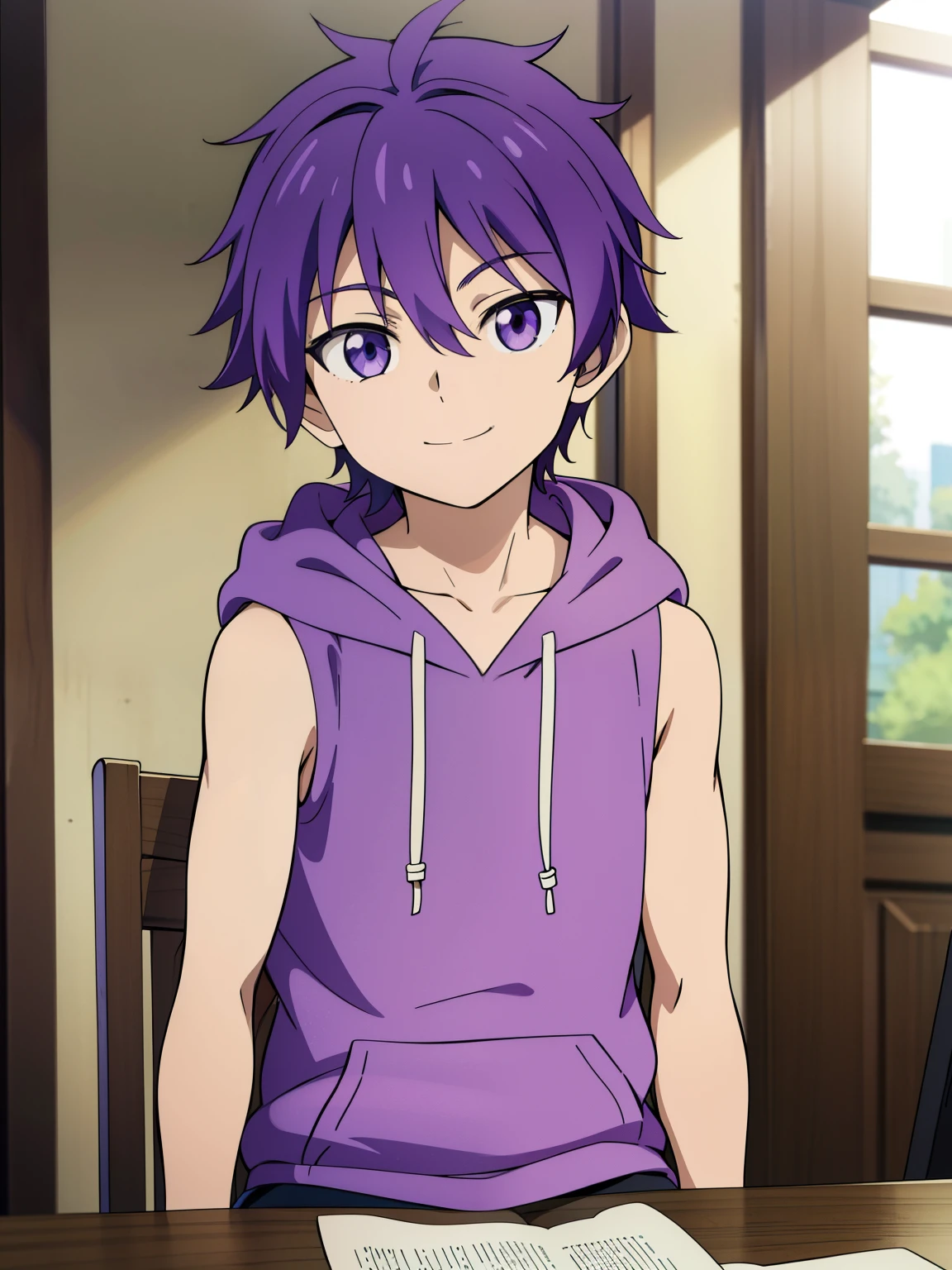 Highres, Masterpiece, Best quality at best,Best Quality,hight quality, hight detailed, Anime style, 1boy, Shota, young boy, Solo person, smile, violet hair, fluffy hair, Sleeveless hoodie, bare shoulder sit on the chair, coolarbome, Seen from the front, upper body, (very young boy), (very small and short body), ***************s, uhd, blurry beckground