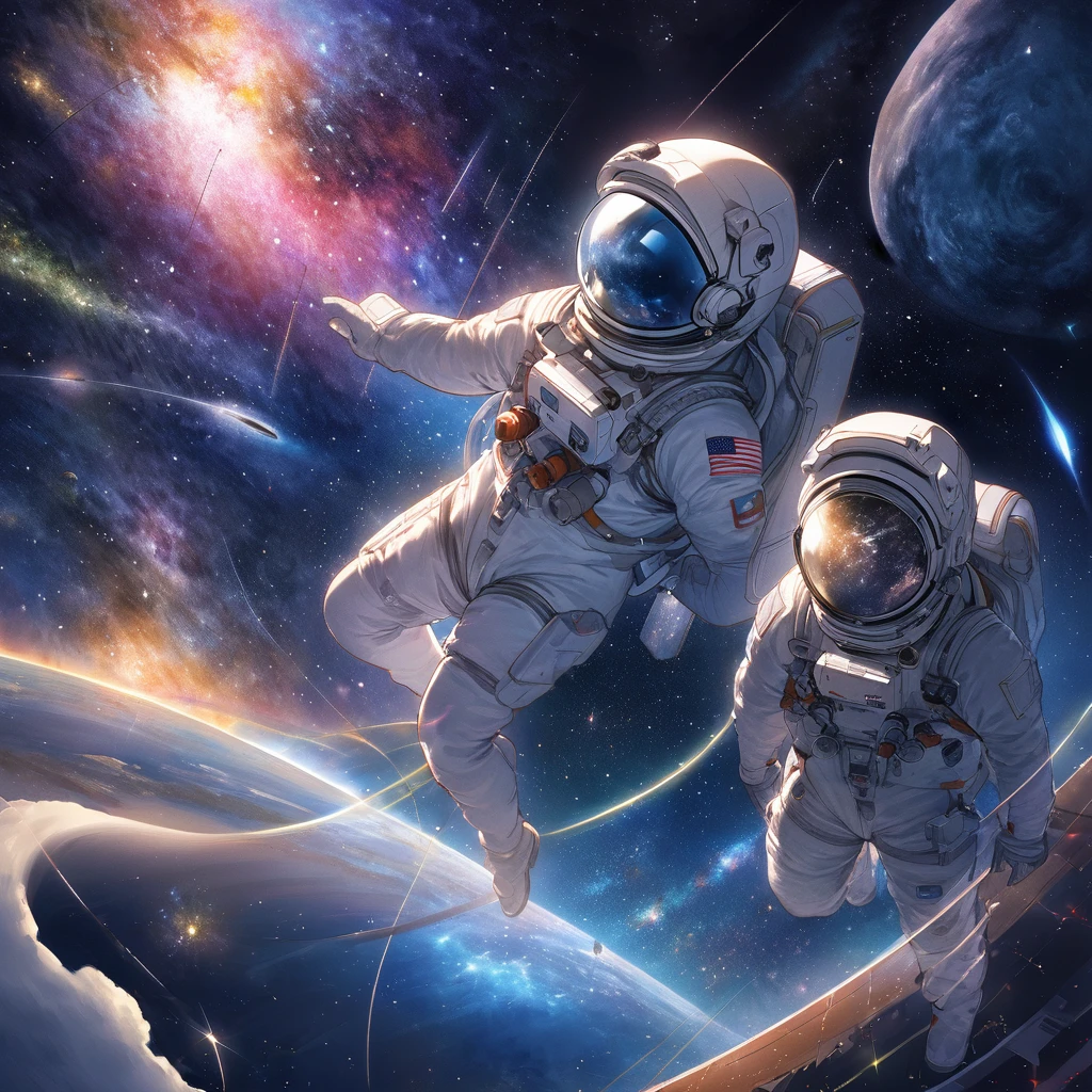 In this illustration, an astronaut is in a weightless state, suspended in the vast universe. He was wearing a silver space suit, his gaze fixed and curious through the glass of his helmet. Surrounded by brilliant stars, the Milky Way flows, comets streak across the sky, and nebulae slowly rotate, together forming a grand picture of the universe. The existence of astronauts symbolizes humanity's endless dreams and exploratory spirit towards the universe,Astronaut, weightless state, universe, stars, Milky Way, spacesuit, helmet, glass, eyes, curiosity, longing, cosmic space, galaxy, comet, light, nebula, dancer, stage, life, melody, dream, exploratory spirit, boundaries