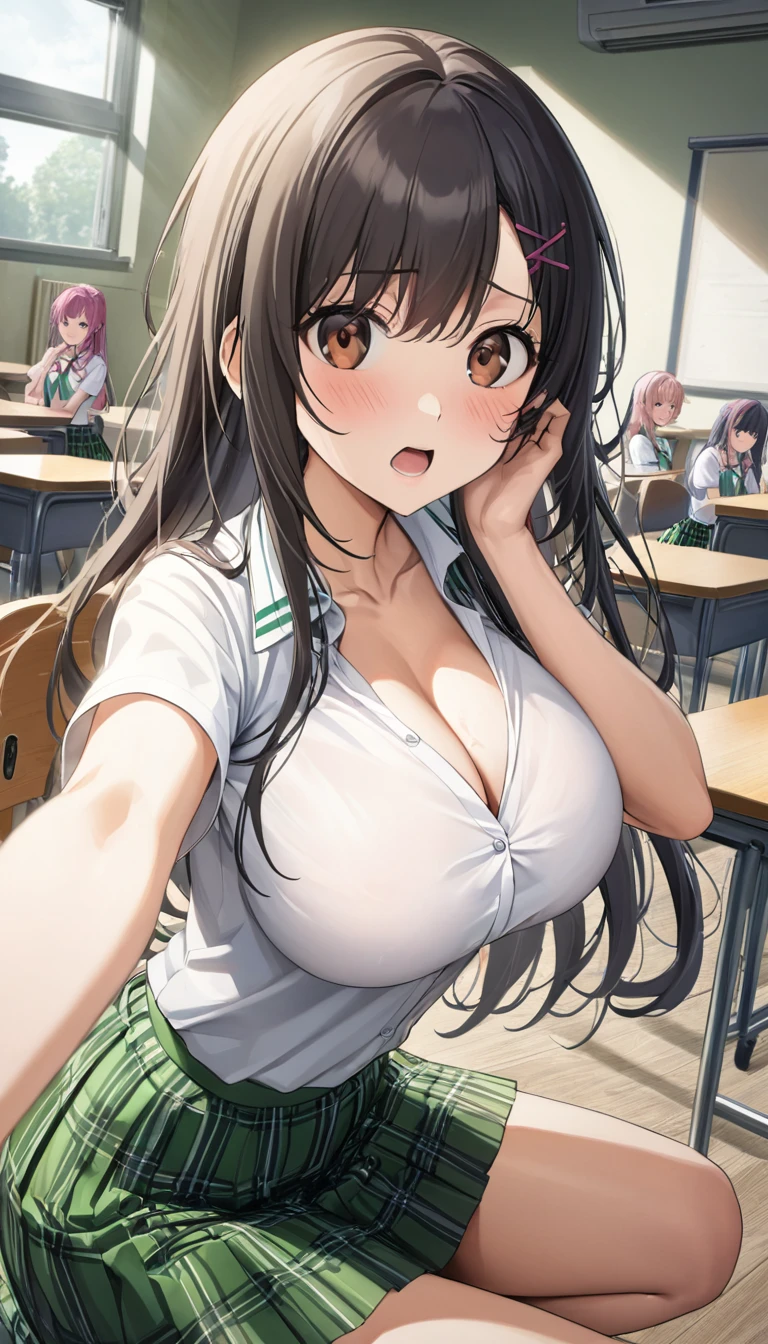 Kotegawa Yui, yui kotegawa, Black Hair, (Brown eyes:1.5), Long Hair,shy、Open your mouth,
break green skirt, Plaid, Plaid skirt, Sainan High School , , skirt,Short sleeve,
break looking at viewer,
break indoors, classroom,
break (masterpiece:1.2), Highest quality, High resolution, unity 8k wallpaper, (shape:0.8), (Beautiful and exquisite:1.6), Highly detailed face, Perfect lighting, Extremely detailed CG, (Perfect hands, Perfect Anatomy),,(Lift your shirt:1.4),(Taking a selfie with a smartphone in each hand),(Showing cleavage),(Color Arm:1.4),(Huge round breasts:1.2),From below,(thin:1.3),slender thin腕、squat、panties