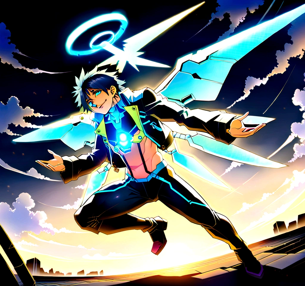 ((anime Illustrator)),best quality , highly detailed,(Full body illustration),detailed cool face,1 **********, cyber punk costume, shiny skin,(blue glowing eyes),short black hair , shota ,mechanical wing ,steam punk wing, console-like angel HALO ,1 boy,  grim face, steam punk, ((moonlight)),flaming angle, 1boy, mecha