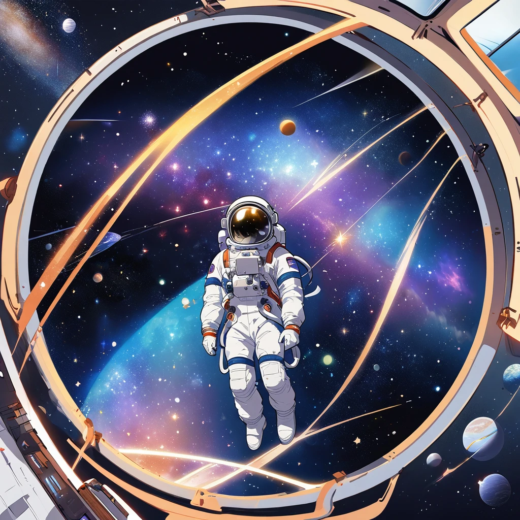 cartoon style, In this illustration, an astronaut is in a weightless state, suspended in the vast universe. He was wearing a silver space suit, his gaze fixed and curious through the glass of his helmet. Surrounded by brilliant stars, the Milky Way flows, comets streak across the sky, and nebulae slowly rotate, together forming a grand picture of the universe. The existence of astronauts symbolizes humanity's endless dreams and exploratory spirit towards the universe,Astronaut, weightless state, universe, stars, Milky Way, spacesuit, helmet, glass, eyes, curiosity, longing, cosmic space, galaxy, comet, light, nebula, dancer, stage, life, melody, dream, exploratory spirit, boundaries