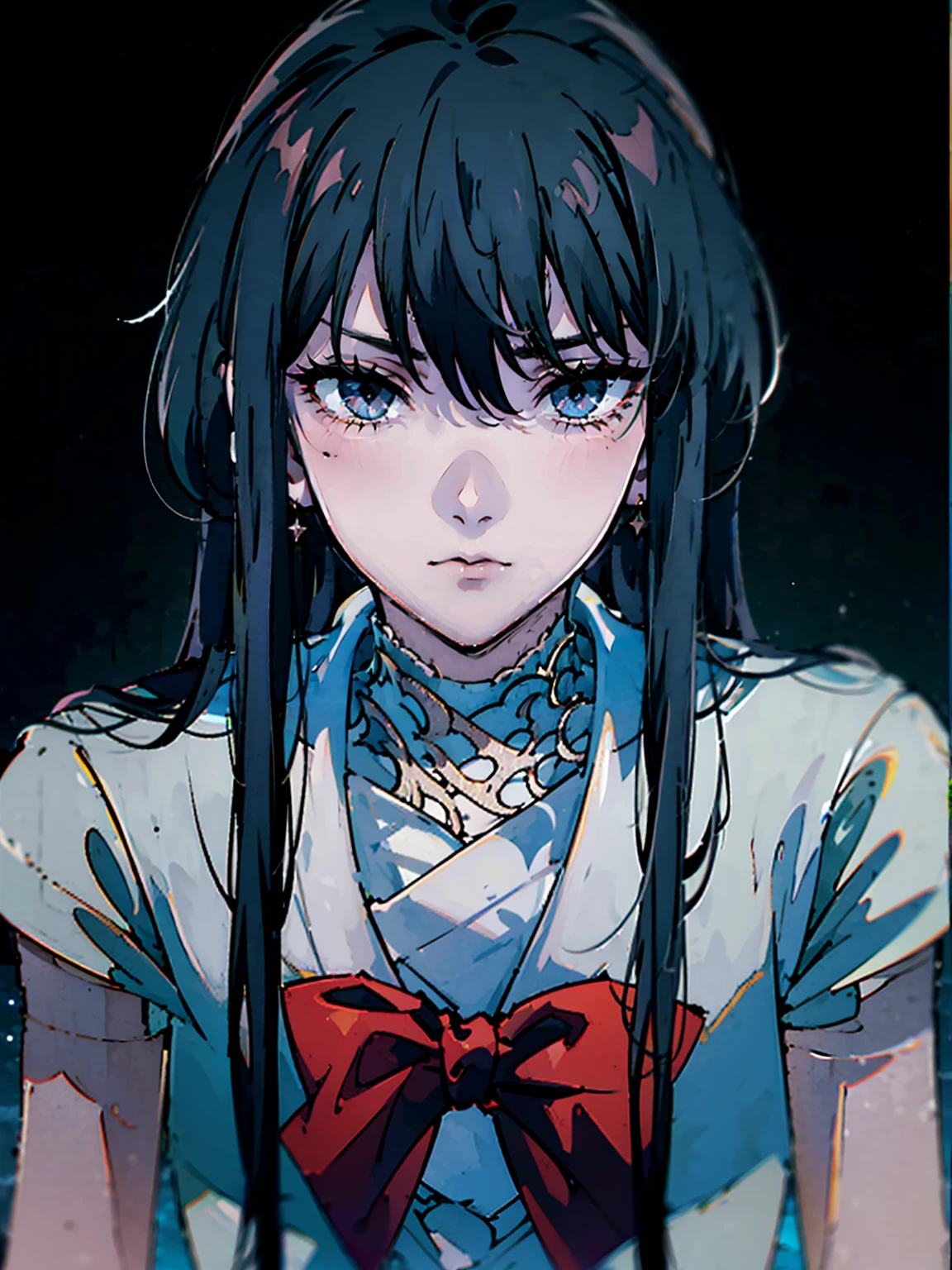 dark, masterpiece, Highest quality, 8K、、 (Unhealthy face:1.9, Red collar, Dark Eyes:1.5, Dark circles under the eyes, Yandere:1.5, Unhappy face, Lifeless face), Long hair in the eyes, Long Bangs, Eyes through the bangs, Big eyes,　Sailor Mars、 Turquoise Eyes, Bust Shot, Dark atmosphere
