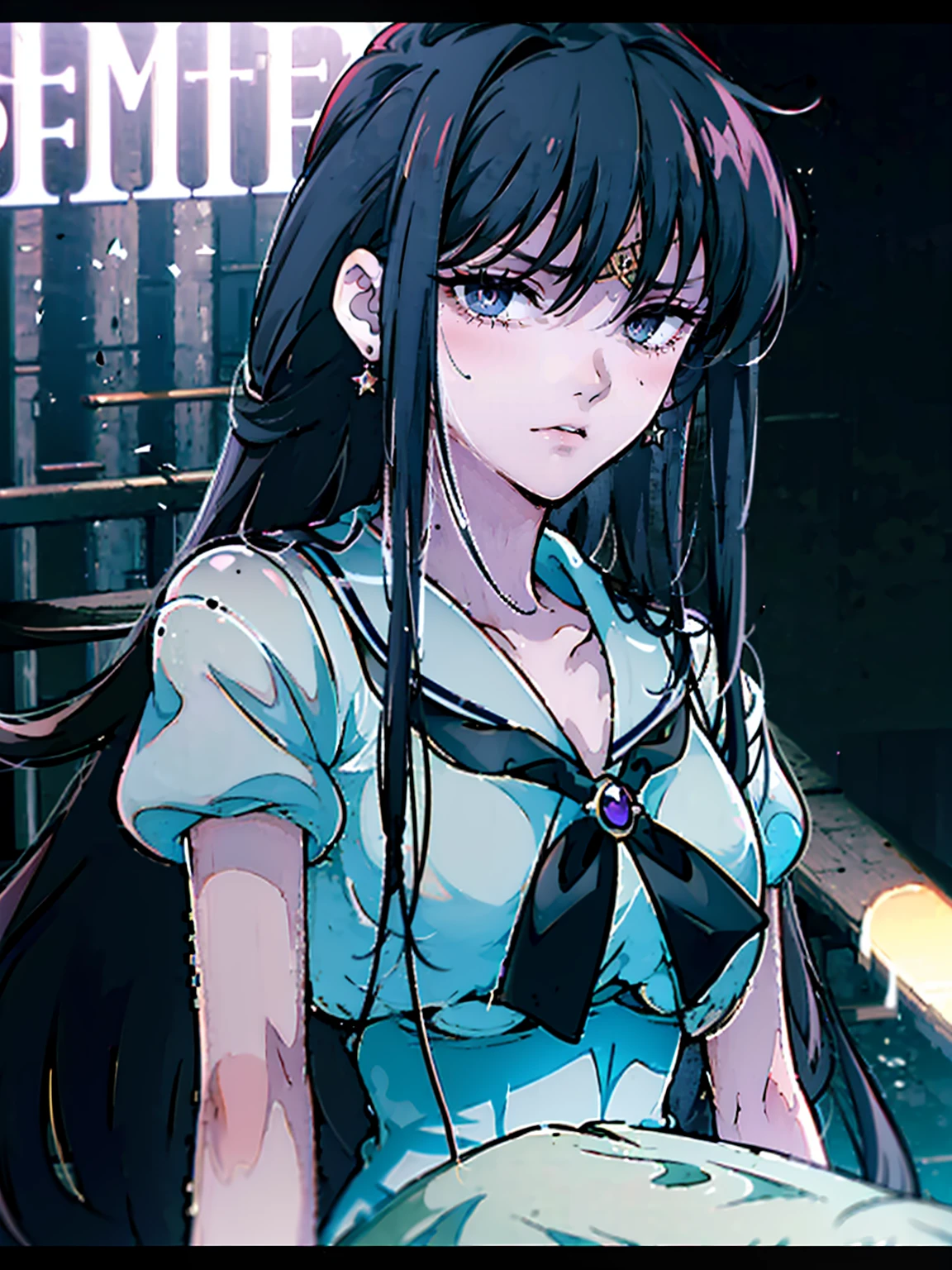 dark, masterpiece, Highest quality, 8K、、 (Unhealthy face:1.9, Red collar, Dark Eyes:1.5, Dark circles under the eyes, Yandere:1.5, Unhappy face, Lifeless face), Long hair in the eyes, Long Bangs, Eyes through the bangs, Big eyes,　Sailor Mars、 Turquoise Eyes, Bust Shot, Dark atmosphere
