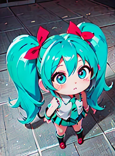 8k, masterpiece, highly detailed, chibi girl, hatsune miku,close up, (mega twintails), high angle, from above, (\:\3), hair ribbons, arms behind back,