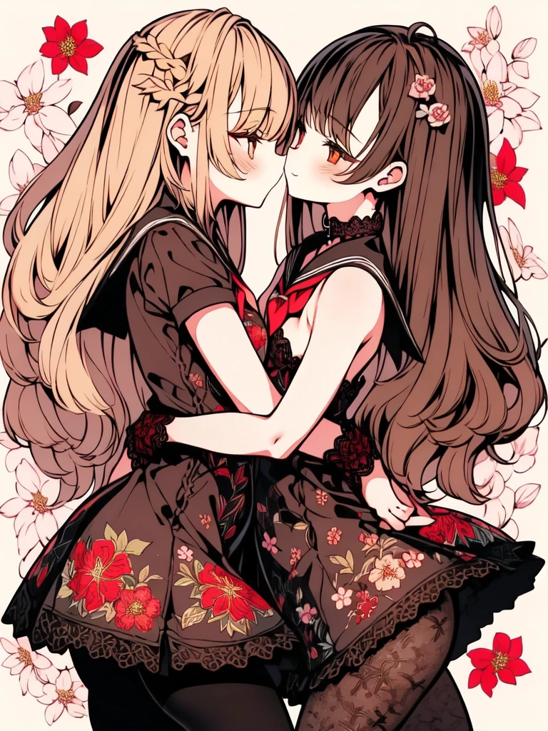 ((YURI)), Multiple Girls, (((2Girls))), (Brown Hair Gril, Short Hair), (Blonde Hair Girl, Wavy Hair), (((Two Friendly Girls:1.2))), ((Hug)), (Kiss), BREAK; 
(MakeUp, Red Eyeliner), (Seductive Smile), (School Uniform, Sailor Suit, Black Collar, Black Shirts, Short Sleeve, Red Neckerchief, School, Black Skirt), (Brown Lace Pantyhose, Lace:1.5), Thighs:1.1, (Brown Loafers), Slender Body, ((Small Breasts:1.4)), Red Nails, Perfect Face, 
BREAK; 
(8K, Best Quality, Ultra Detailliert, Highres, Absurdres, Perfect Anatomy, Masterpiece), Strong Outline, Five Fingers, (Blush), ((Posed Photo:1.3)), ((Wide-Angle Photo:1.3)), Dutch Angle, ((White BackGround, Floral Print:1.5, Flower BackGround:1.3, Floral BackGround:1.3)),