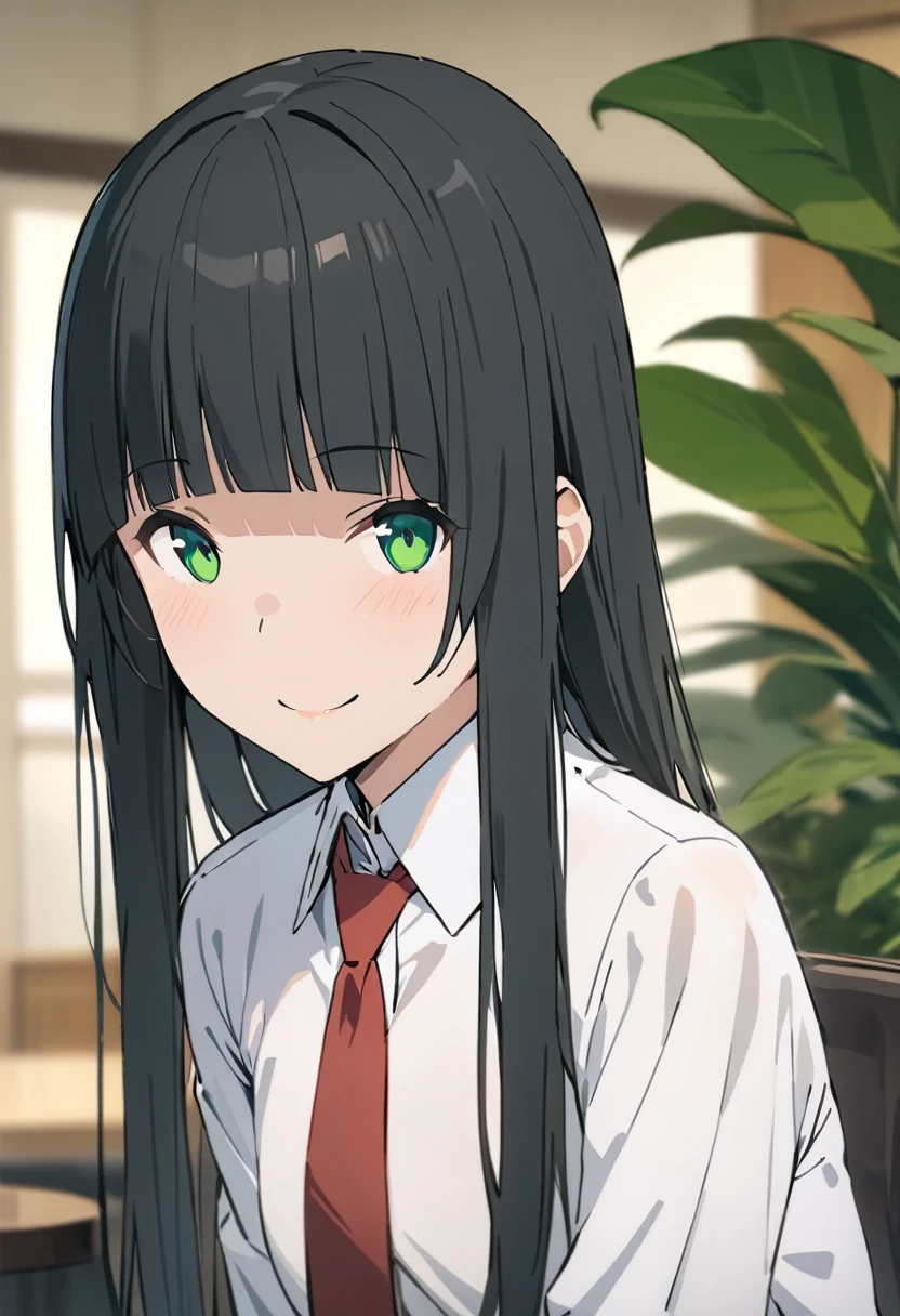 every time,One girl, alone, tie, Green Eyes, Black Hair, Long Hair, shirt, smile, bangs, View your viewers, white shirt, , blunt bangs, Upper Body, red tie, Blurred, collared shirt, Blurred background, indoor, Mouth closed, plant, Side Lock, Straight hair,
masterpiece, Highest quality,New,
