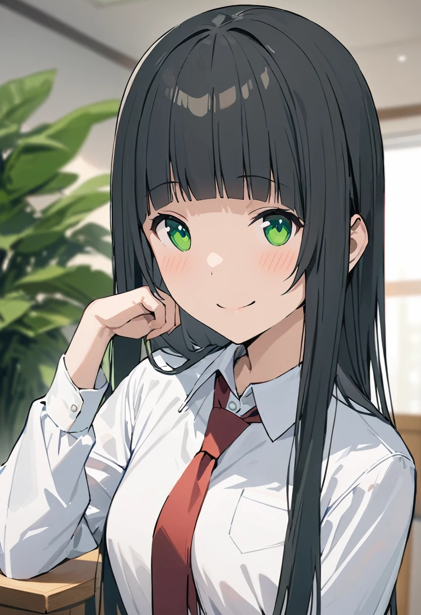 every time,One girl, alone, tie, Green Eyes, Black Hair, Long Hair, shirt, smile, bangs, View your viewers, white shirt, , blunt bangs, Upper Body, red tie, Blurred, collared shirt, Blurred background, indoor, Mouth closed, plant, Side Lock, Straight hair,
masterpiece, Highest quality,New,
