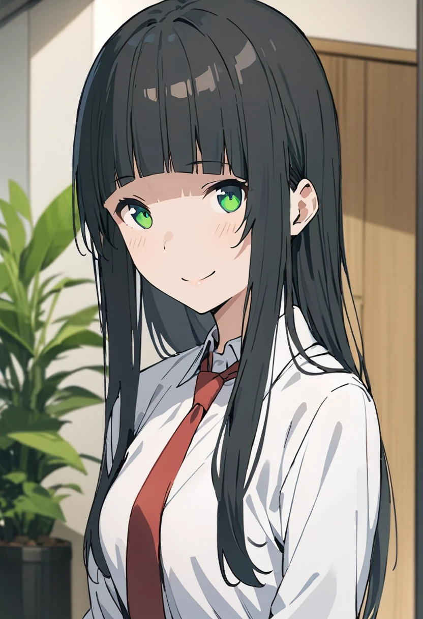 every time,One girl, alone, tie, Green Eyes, Black Hair, Long Hair, shirt, smile, bangs, View your viewers, white shirt, , blunt bangs, Upper Body, red tie, Blurred, collared shirt, Blurred background, indoor, Mouth closed, plant, Side Lock, Straight hair,
masterpiece, Highest quality,New,
