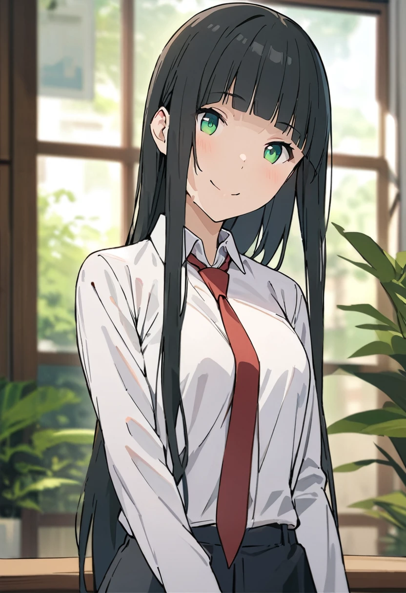 every time,One girl, alone, tie, Green Eyes, Black Hair, Long Hair, shirt, smile, bangs, View your viewers, white shirt, , blunt bangs, Upper Body, red tie, Blurred, collared shirt, Blurred background, indoor, Mouth closed, plant, Side Lock, Straight hair,
masterpiece, Highest quality,New,
