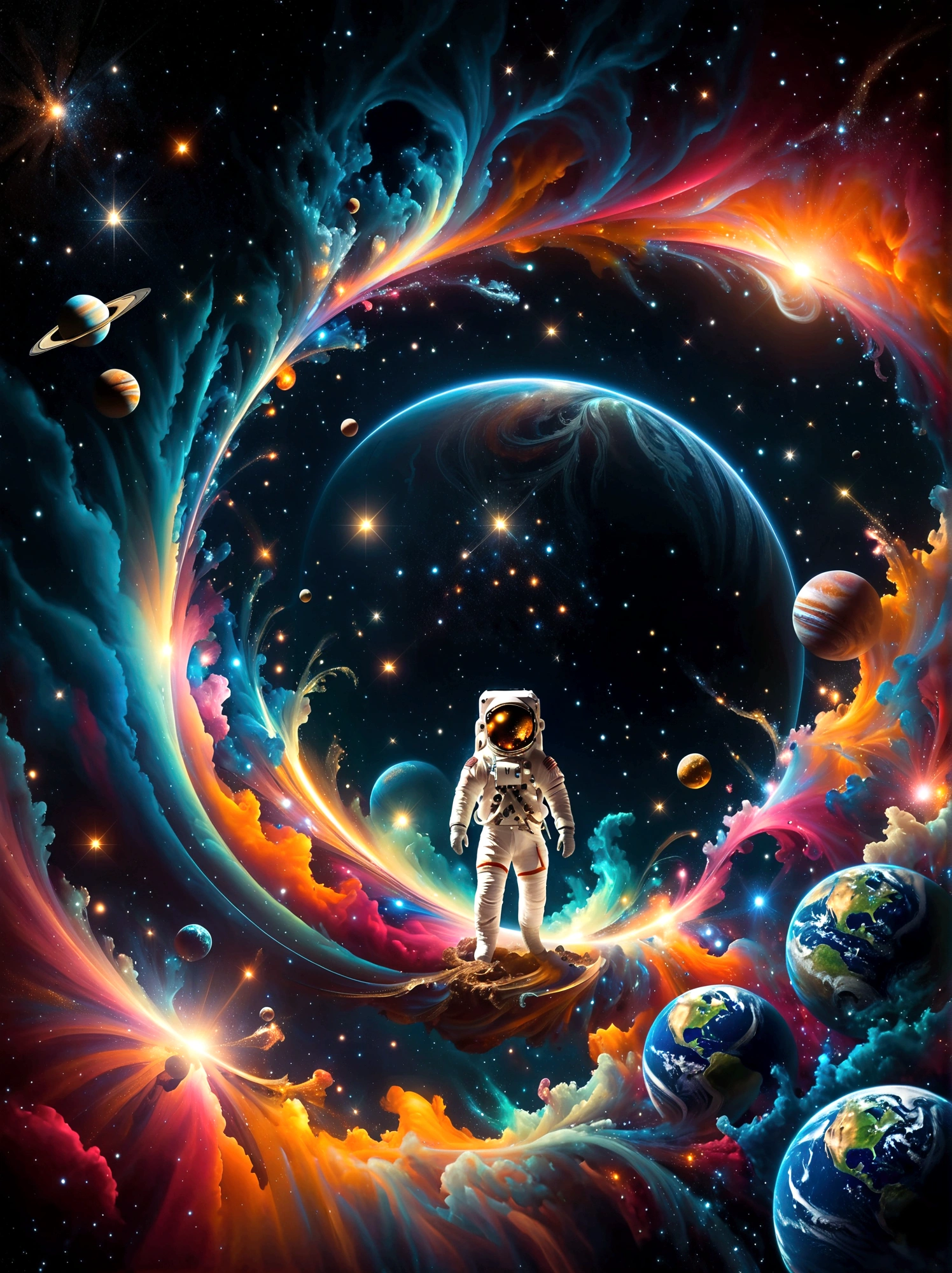 An astronaut of Caucasian descent, dressed in an orange-studded, high-tech spacesuit, is depicted wandering in a vibrantly hued space environment. A profusion of colors from red to blue, and green to violet, embody the cosmic spectacle around the space traveler. An ethereal mix of hues is noticed as a gigantic supernova bursts, unleashing colossal energy in the background. This sublime celestial event with incandescent filaments and pulsating radiances illuminates the wonders of the infinite universe, casting a spectacular light across the panorama. This mesmerizing view celebrates the awe-inspiring beauty and mystery of space.