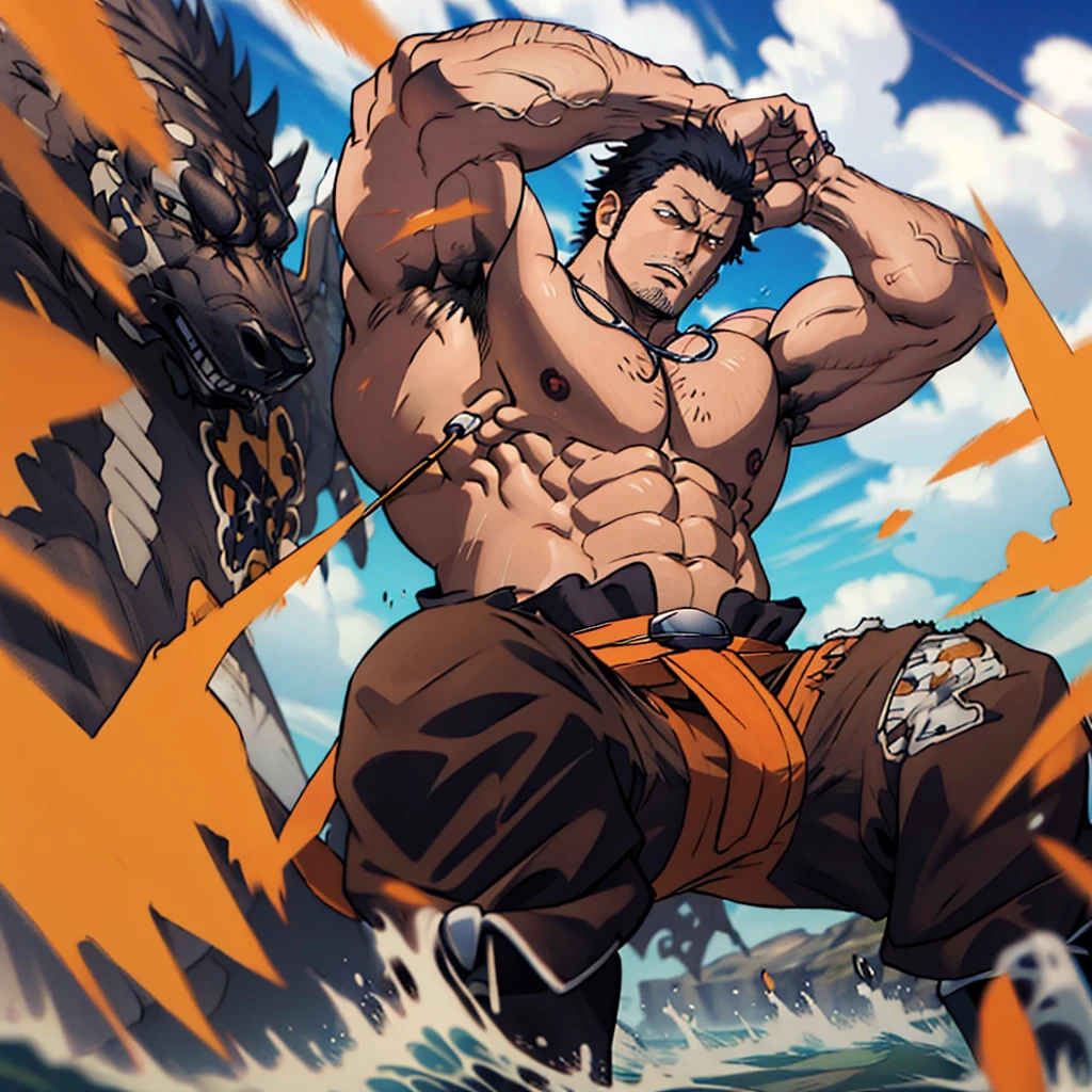 One Piece male fighter badass caractere with fishing rod, fighting position, detailed face, detailed clothes, super strong and muscled, huge body, without clothes, shirtless, big old man, big chest, show armpits, big knee, big arms, big body, with out any type of clothes, without pants, show dick, face focus, big chest muscles