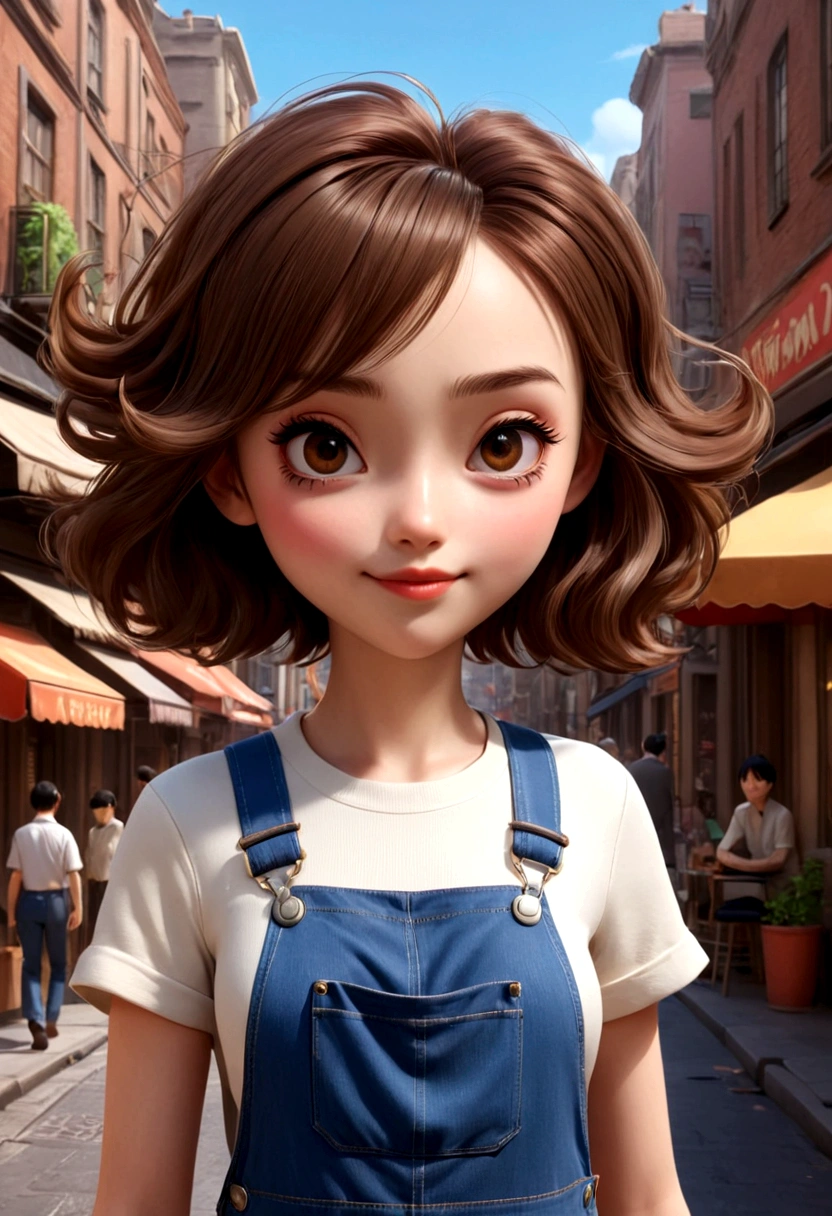 Full body shot，A lovely girl，Short brown hair，Wearing overalls，Coffee in hand，Walking in the street。In the style of Pixar and Disney animation，Rendering with C4D，Bright colors，Soft light，Full of details，Cute expression，The background is in soft caramel and off-white tones，Anime style illustrations。She has exquisite facial details，big eyes，Long eyelashes，A bright smile，Simple design，HD resolution。