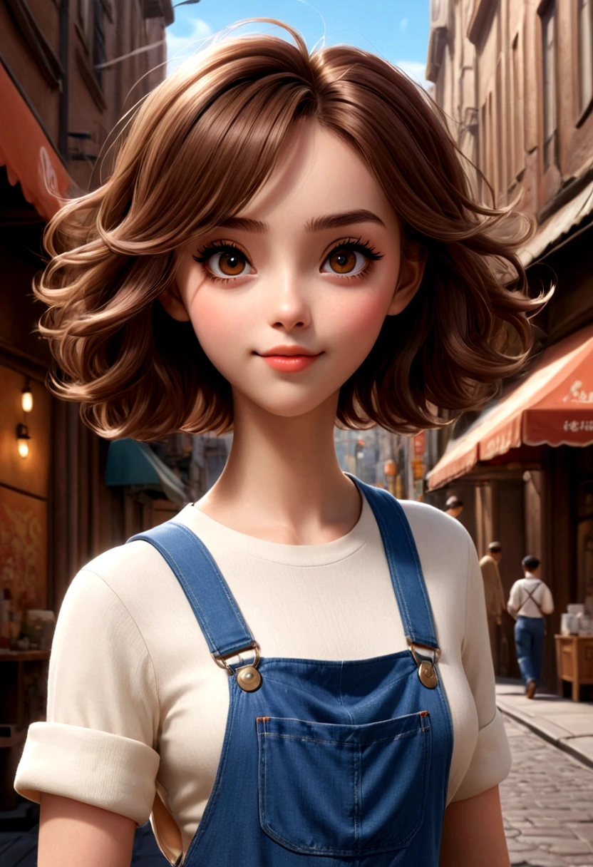 Full body shot，A lovely girl，Short brown hair，Wearing overalls，Coffee in hand，Walking in the street。In the style of Pixar and Disney animation，Rendering with C4D，Bright colors，Soft light，Full of details，Cute expression，The background is in soft caramel and off-white tones，Anime style illustrations。She has exquisite facial details，big eyes，Long eyelashes，A bright smile，Simple design，HD resolution。