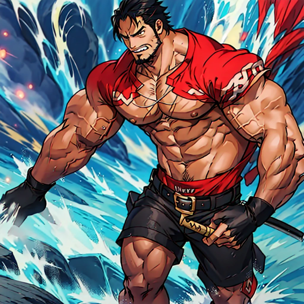 One Piece male fighter badass caractere with fishing rod, fighting position, detailed face, detailed clothes, super strong and muscled, huge body, without clothes, shirtless, big old man, big chest, show armpits, big knee, big arms, big body, with out any type of clothes, without pants, show dick, face focus, big chest muscles