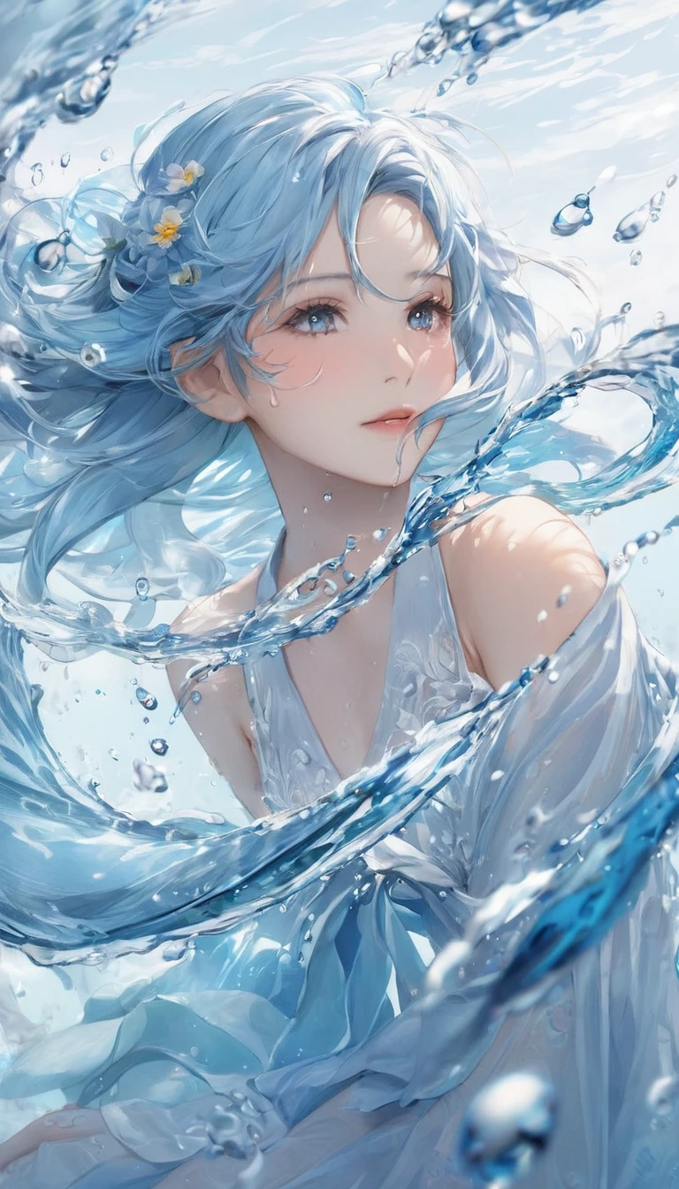 One girl, Female Water Spirit, Light blue hair, Internal spring water, Put a few drops of water on your skin,