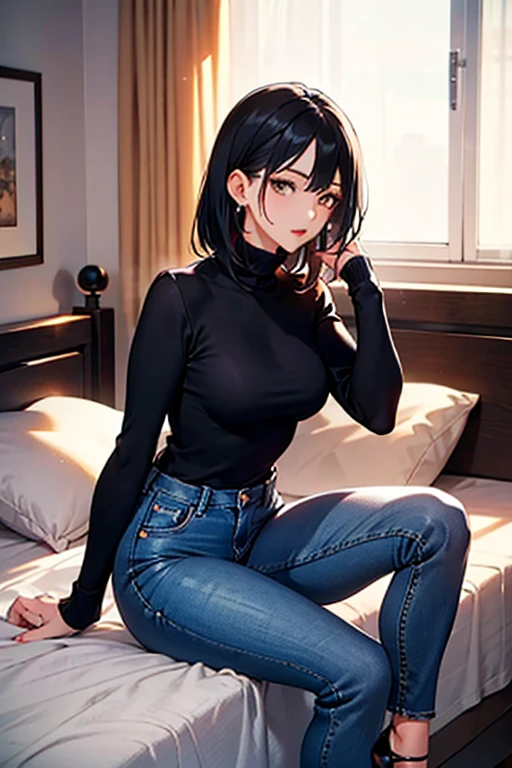 woman　Black Hair　Medium Hair　Straight Hair　Black knit　Black turtleneck　Glamour　　room　night　ear　bed　Sitting　adult　adultびた　chic　Earrings　jeans　黒いjeans　Black high heels　Red lips