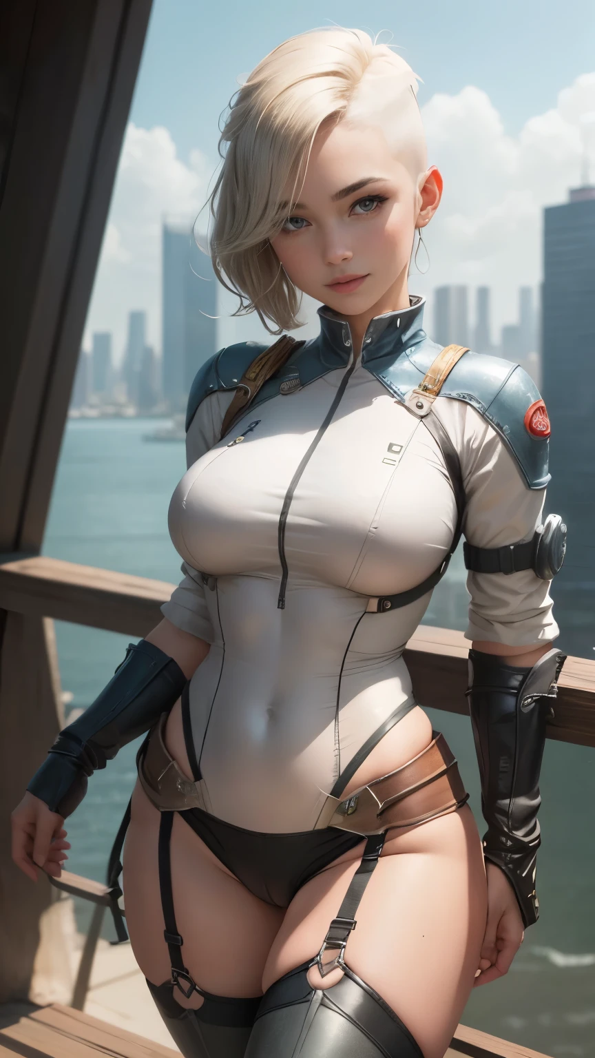 gwen tennyson,y'shtola rhul,yorha 2b, tracer,nier automata,overwatch,close up,mecha pilot,city view,tattoos,gold and red plugsuit,white short sleeve lycra top,steel lycra micro shorts,steel garter belt,uncovered belly,short hair, cute makeup,green eyes,dimensional blonde hair,shy smile,freckles,beautiful girl,large breasts,8k hd,ultra detailed, realistic,fantasy art,iron man,steel armor,wakanda city,pilot uniform,ear piercings,hair pin,saiyan girl,super saiyan female,short sleeve pilot jacket,thigh high boots,wet shirt,