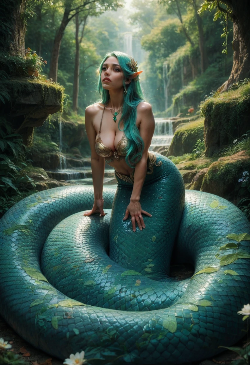 big breasts, ((((topless)))), nsfw, clear river, forest, Oil on canvas Portrait Girl style Painting Classicism Traditional media Realiatic Figurative Fine art 8K HDR High resolution High detail Focus on face Badarawuhi, Masterpieces of the highest quality, Insanely detailed. Hyper realistic, 1girl, Nita Gunawan beauty girl, flat chest, (green kebaya dress), gandrung costume, nagin lamia, lamia, coiled, green tail, monster girl, smile, bathing in clear river, swimming, (smile)