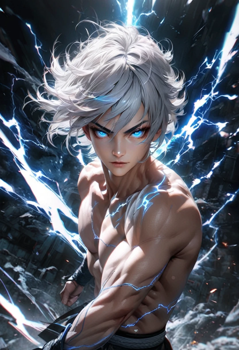   Far view,High quality, ultra realistic,absurdres, highres, ultra detailed, HDR, masterpiece, extremely detailed face and eyes, a cool topless fighter, cool posw, tekken, ,, cool white hair , solo, ,man, handsome, ,white eyeleshes, blue eyes ,explosive effect , ,black lightning  effect,glowing glitters ,  symetrical 