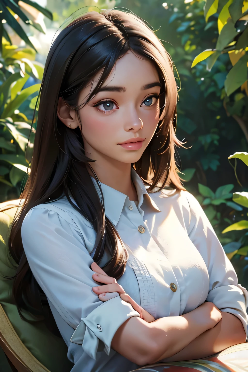 (best quality,4k,8k,highres,masterpiece:1.2),ultra-detailed,(realistic,photorealistic,photo-realistic:1.37),A girl in a garden,portraits,beautiful detailed eyes,beautiful detailed lips,extremely detailed eyes and face,longeyelashes,natural lighting,greenery,peaceful ambiance,flowing dress,flying hair,gentle sunlight,vivid colors,aesthetic composition,soft shadows,subtle breeze,serene expression,relaxed posture,harmonious background,dreamy atmosphere, dressed professionally, in her office, full view