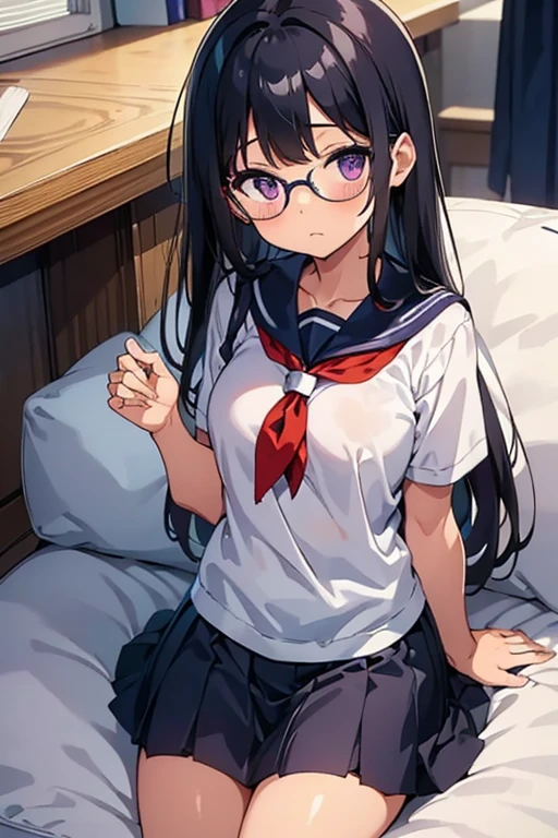Elementary school girl　8-year-old　Large Breasts　Black Hair　Long Hair　Purple eyes　1 person　Glasses　Short-sleeved sailor uniform　Navy blue mini skirt　White panties　White socks　sneakers　School Library　Sitting on the couch　Dynamic Angle　Low - Angle