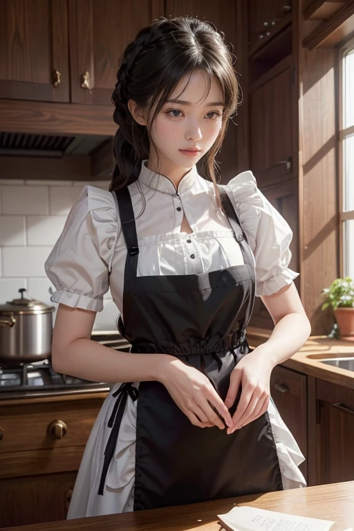 ((best quality: 1.4)), (An unrivalled masterpiece), (Ultra-high resolution), (Ultra-realistic 8K CG), (Cowboy shooting), (Very detailed), (maid ), (Artworks by Jean-Baptiste Monge), highly detailed maid clothes, half_apron , 僅穿著apron  ,令人害羞的apron , Amazingly realistic and beautiful faces, Very detailed美丽的头发, Highly detailed hairstyle, Realistic white skin、Movie, Happy , Working in the kitchen of an old western building, Candlelight, Use backlighting to add depth to your images, Anisotropic filtering, Depth of writing boundaries, Maximum clarity and sharpness, 8 so small, thick body:0.8 , Perfect anatomical structure, Symmetry and balance, Beautiful gradient, Clear focus, Golden Ratio, The image is centered, Beautiful composition