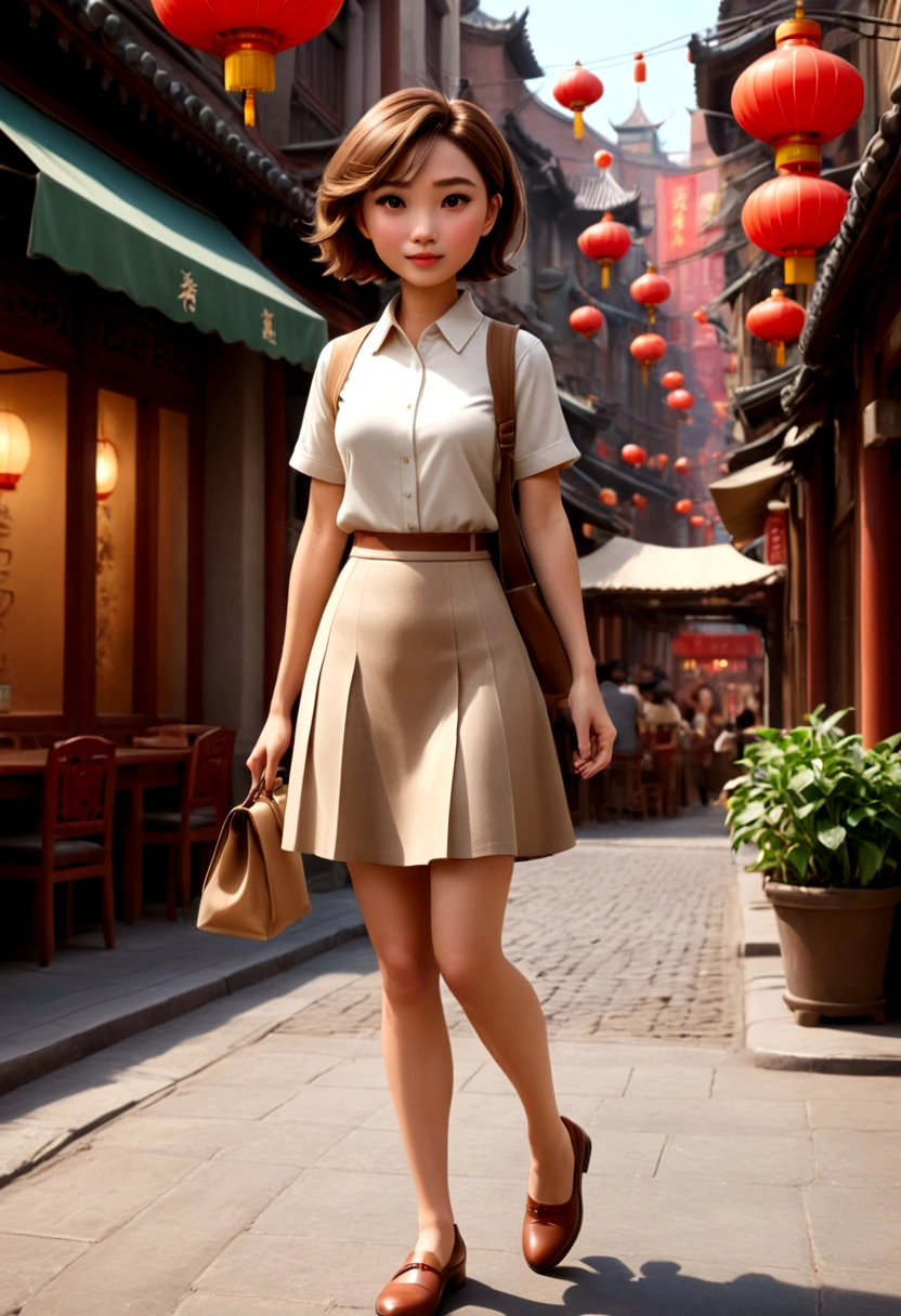 A beautiful and lovely Chinese girl，Short brown hair，Wearing a light brown work skirt，Coffee in hand，Walking in the street，Full full-body shot。In the style of Pixar and Disney animation，Rendering with C4D，Soft light，Full of details，The background is slightly blurred，The overall picture uses caramel and off-white tones，Simple design，HD resolution，8K。