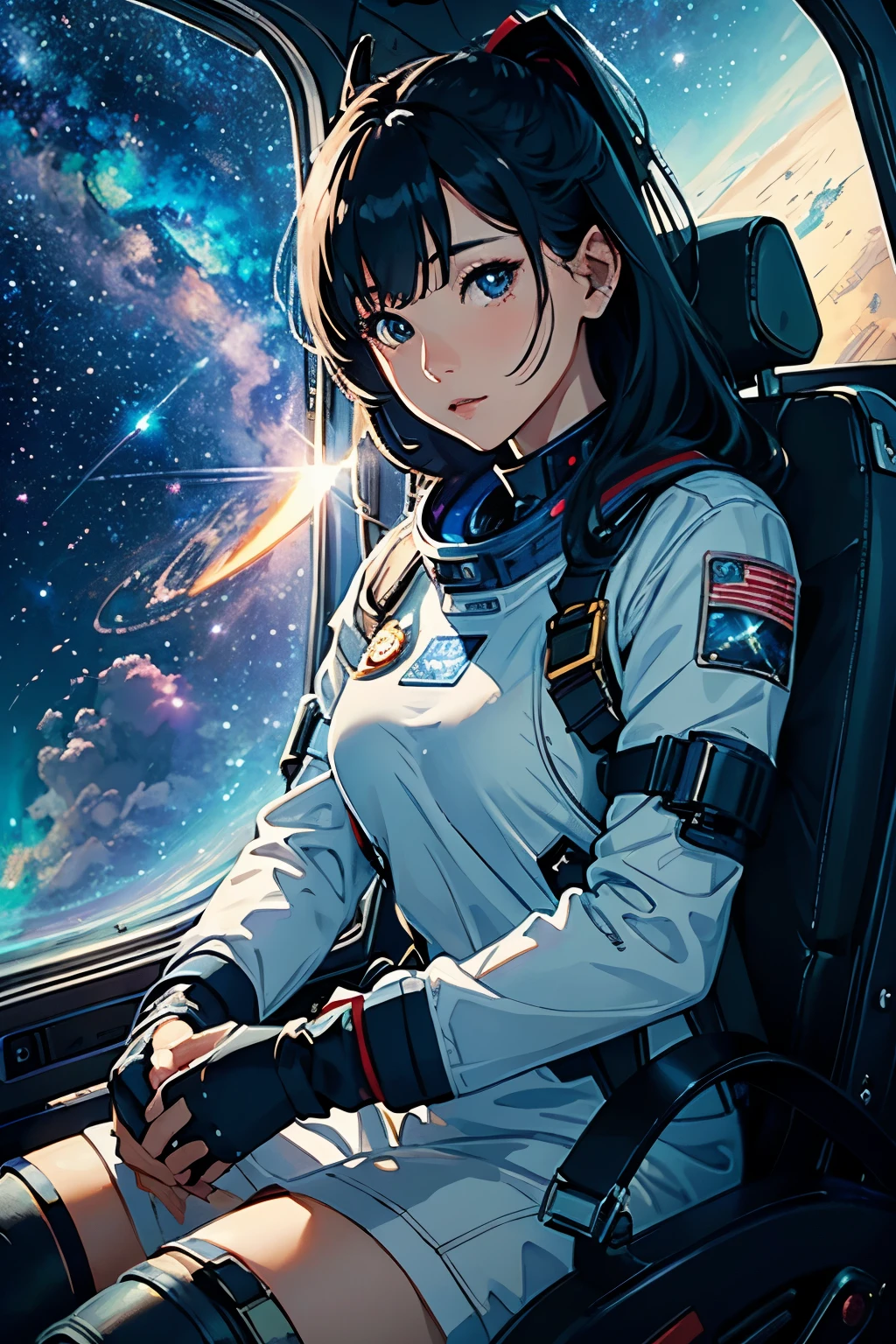 (Highest quality、High resolution、masterpiece)、(sf)、Female Astronauts、Spacesuit、cockpit、Canopy、One-seater patrol rocket、Sexy and cute、Beautiful Face、 (Exquisite beautiful eyes)、Black Hair、  Beautiful Hair、Shiny Hair、Cinema Lighting、Realistic lighting、meteor、milky way、nebula、Backlight、amazing splash、 Sparkling、Dazzling Light、