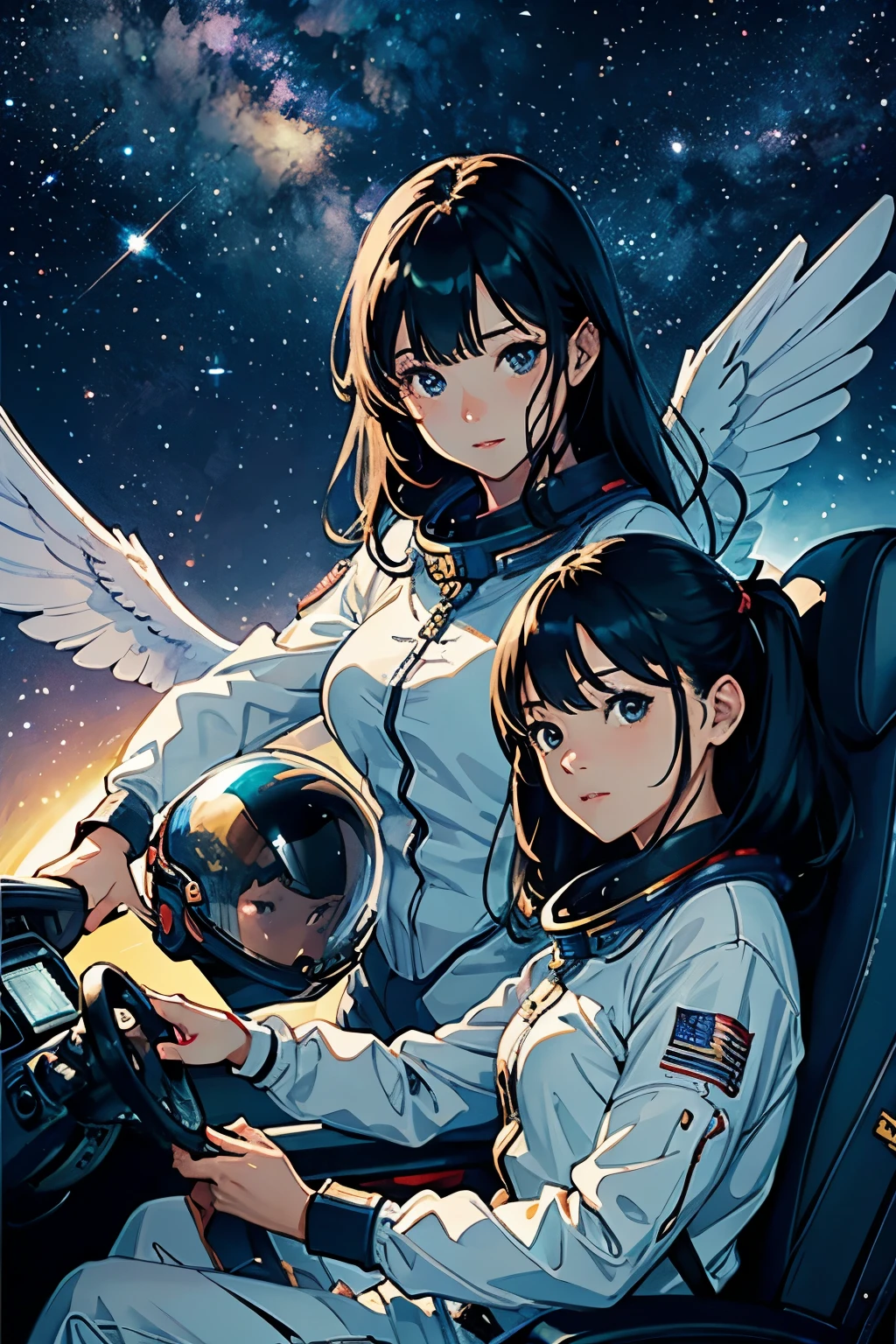 (Highest quality、High resolution、masterpiece)、(sf)、Female Astronauts、Spacesuit、cockpit、Canopy、One-seater patrol rocket、Sexy and cute、Beautiful Face、 (Exquisite beautiful eyes)、Black Hair、  Beautiful Hair、Shiny Hair、Cinema Lighting、Realistic lighting、meteor、milky way、nebula、Backlight、amazing splash、 Sparkling、Dazzling Light、
