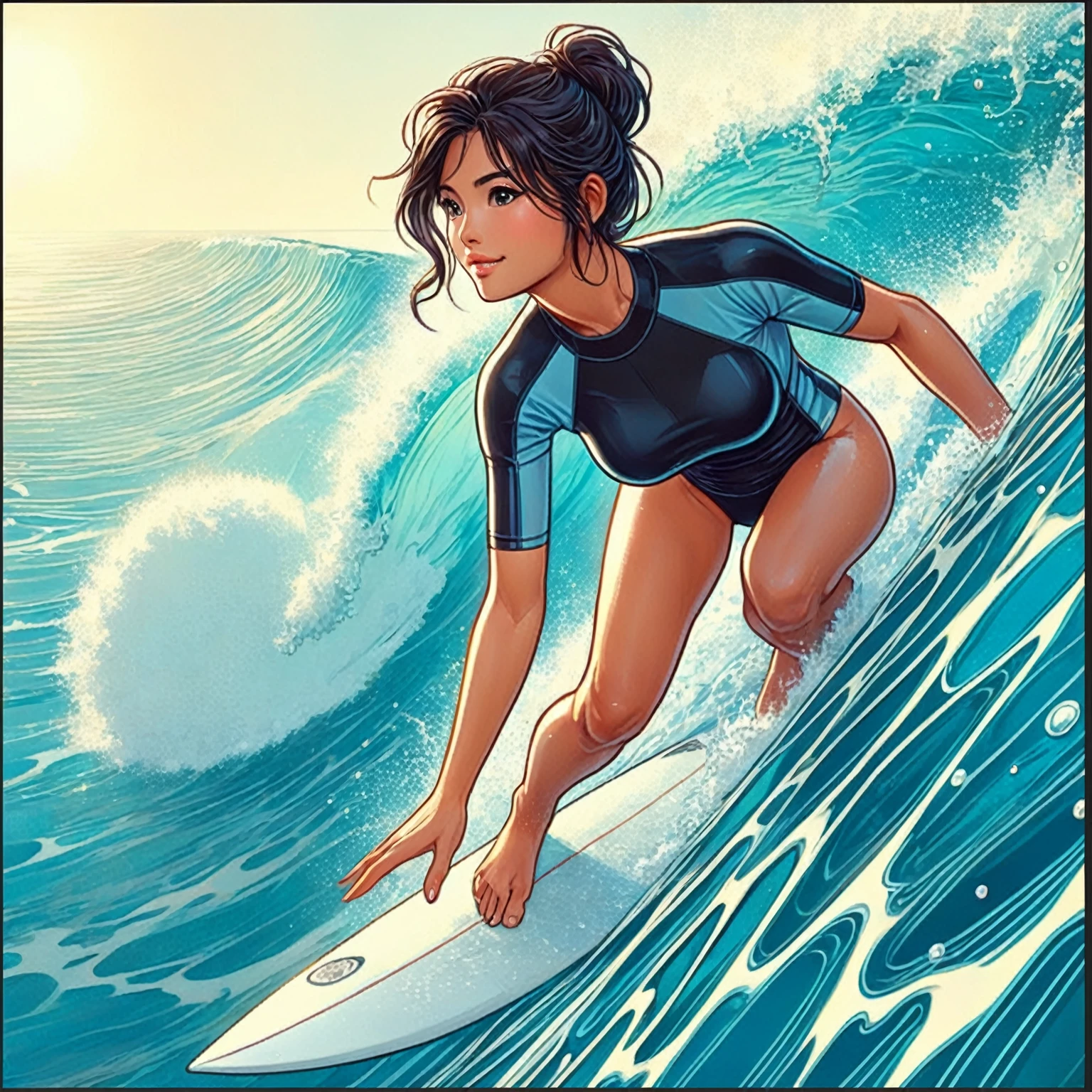 Beautiful japanese woman with tanned skin, brown long hair, wearing a red bikini. (1 Girl), (Full Body), Beautiful young face, innocent expression, riding a wave on her surfboard, ((Perfect face)), ((hyper bronze skin)), ((tan skin)), natural light, beautiful lighting, beautiful colors, semi realistic style, ((Beautiful detailed eyes)), ((Beautifull detailed face)), ((high detail)), ((High Definition))