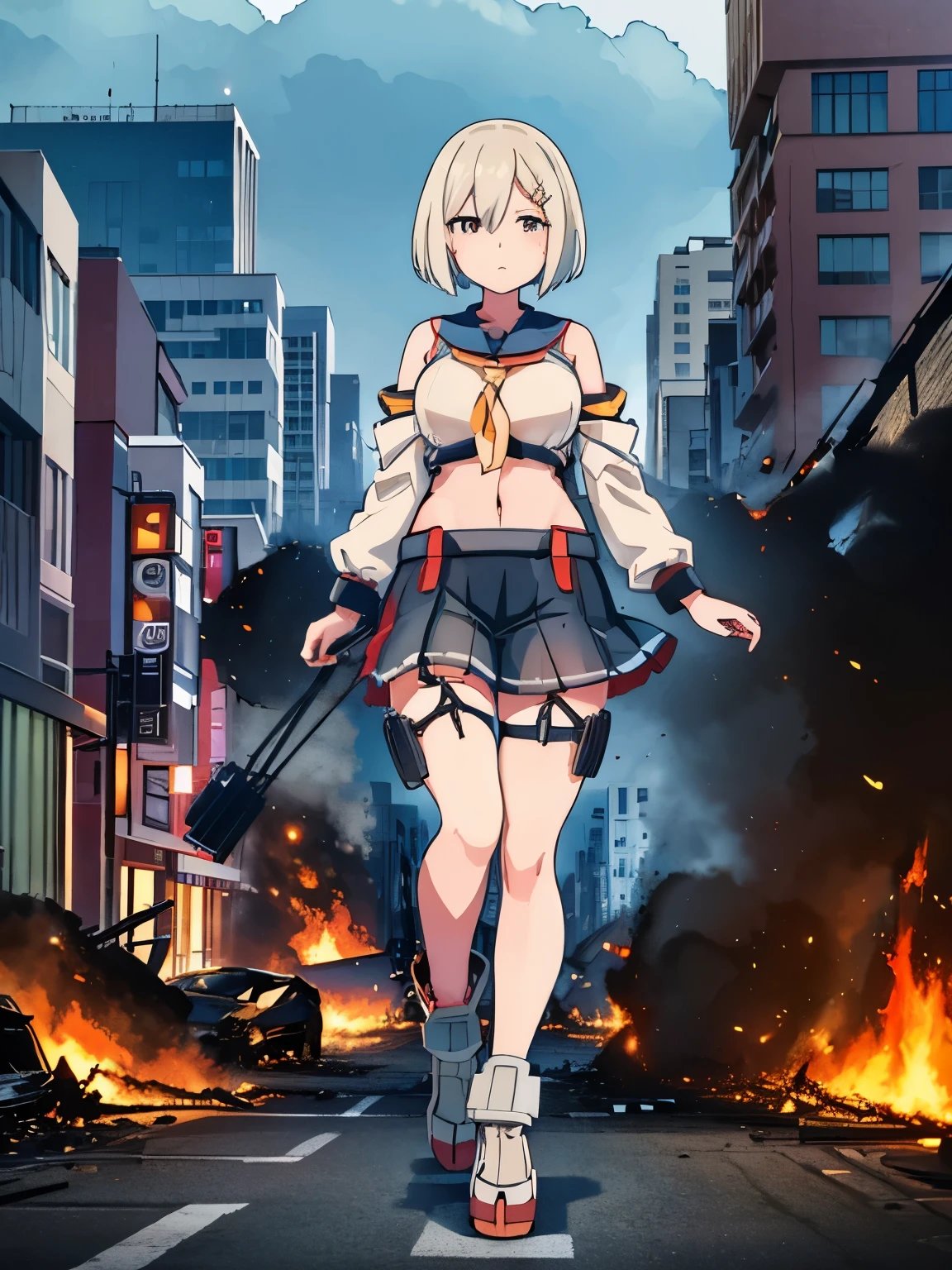 analog illustration style　 ((Destroyed city in flames)) ((Fire)) ((Destroyed buildings)) ((Destroyed cars)) ((Pile of rubble)) ((Hamakaze (KanColle))) ((Short hair)) ((Bob cut))　 90's Giant Girl on the Road in the Big City Uniform Skirt ((Dim cloudy sky)) Female Giant huge girl full body sneakers Destroyed skyscrapers, destroyed cars, crowd Unreal Engine,starrystarscloudcolorful,hamakaze_(kancolle), breasts, large_breasts, hair_over_one_eye