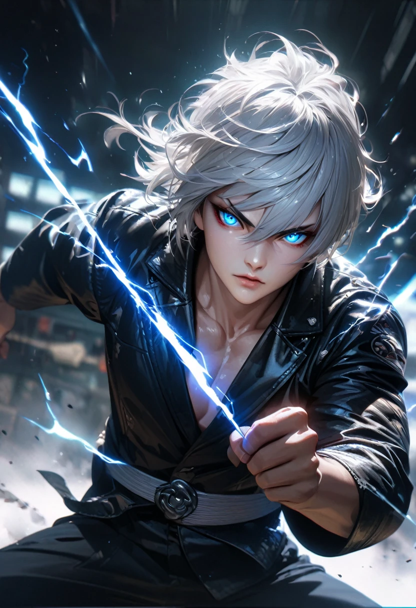   Far view,High quality, ultra realistic,absurdres, highres, ultra detailed, HDR, masterpiece, extremely detailed face and eyes, a cool  fighter, cool black jacket,cool posw, tekken, ,, cool white hair , solo, ,man, handsome, ,white eyeleshes, blue eyes ,explosive effect , ,black lightning  effect,glowing glitters ,  symetrical 