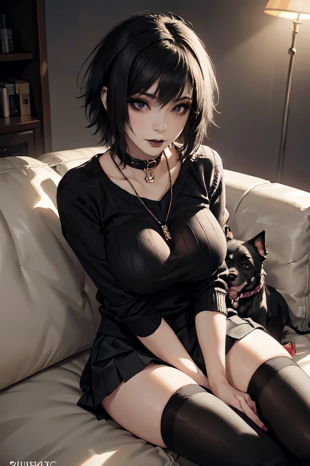 Girl, woman, emo_hairstyle, black lipstick, dog collar, eyeliner, eye shadow, smoky eyes, realistic lighting, short hair, sweater shirt, short skirt, thighhighs, hand between legs, big breast, sofa, punk, smug face.