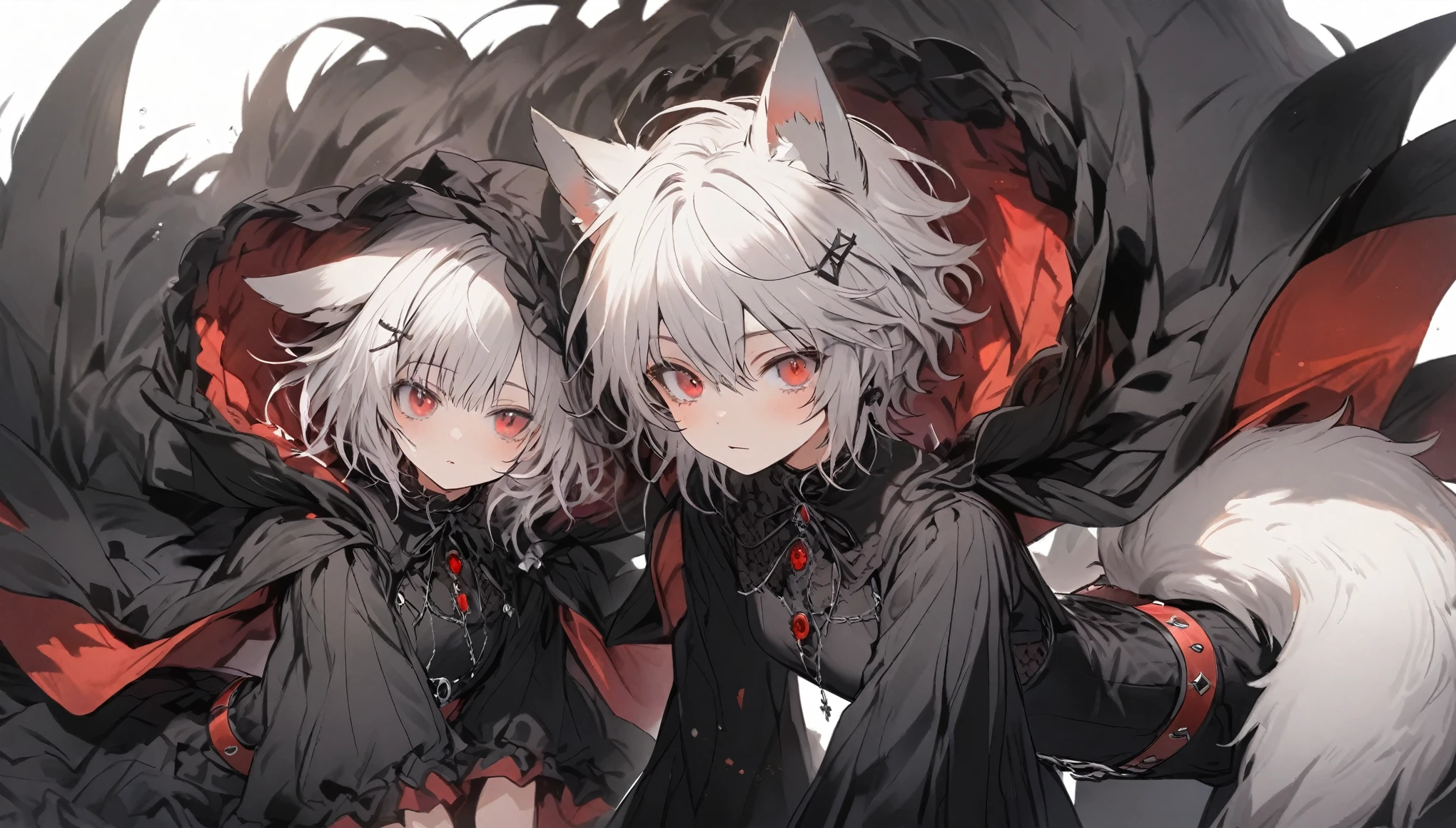 (Silver Hair 1.3),Very Short Hair,Red Eyes,Wolf ears,Wolf Girl Sleepiness mysterious Gothic Black Costume Belt on torso