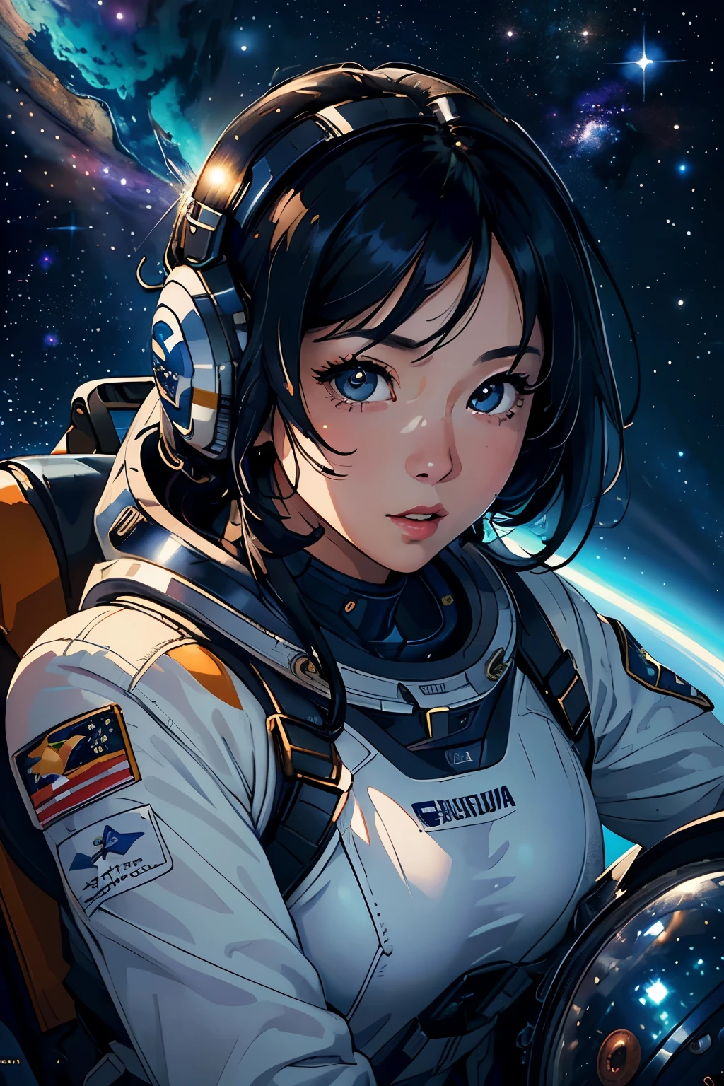 (Highest quality、High resolution、masterpiece)、(sf)、Female Astronauts、Spacesuit、cockpit、Canopy、One-seater patrol rocket、Sexy and cute、Beautiful Face、 (Exquisite beautiful eyes)、Black Hair、  Beautiful Hair、Shiny Hair、Cinema Lighting、Realistic lighting、meteor、milky way、nebula、Backlight、amazing splash、 Sparkling、Dazzling Light、