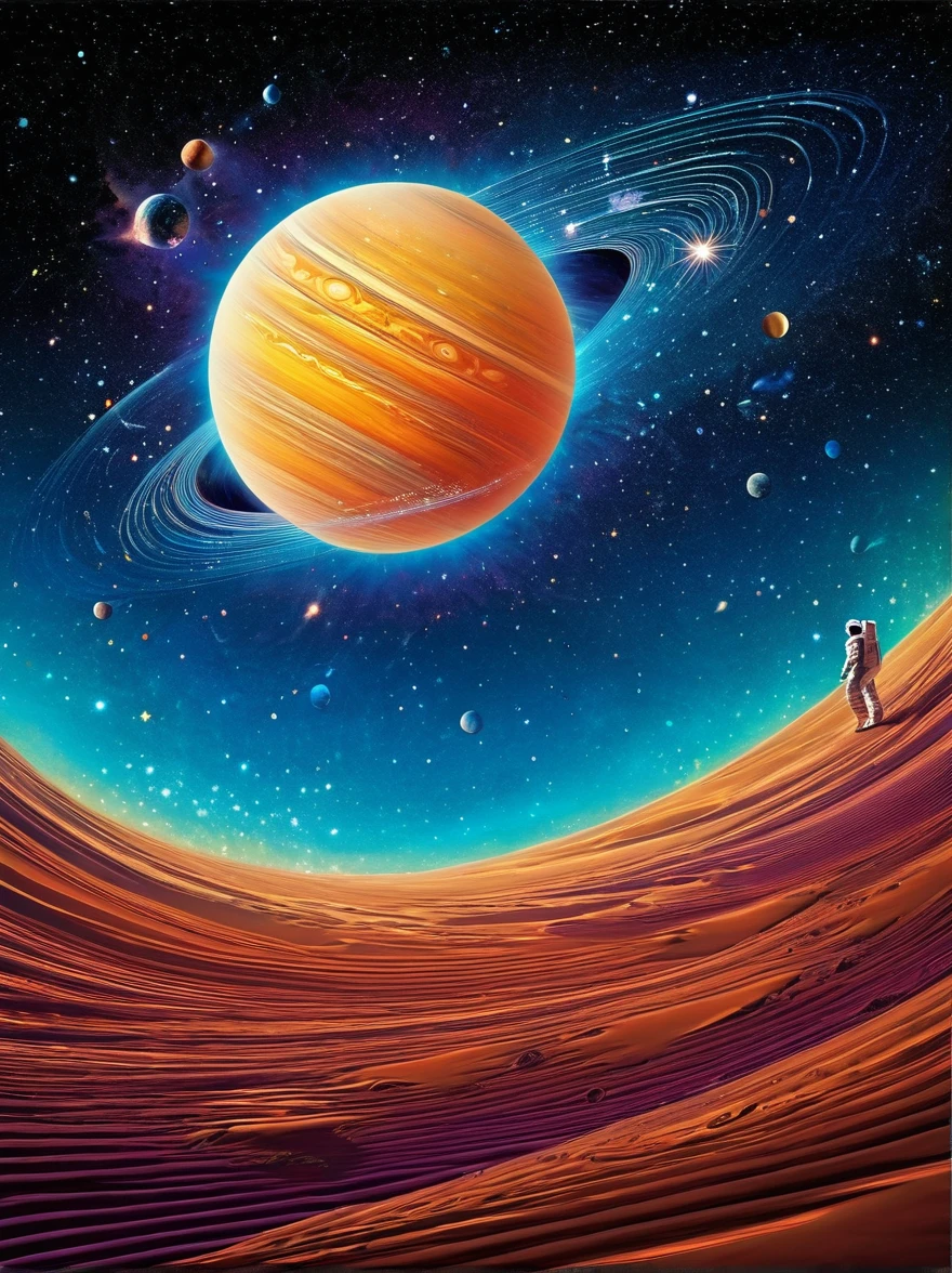 Imagine a surreal perspective of space exploration. There's an astronaut on an abstract shaped planet with swirling colors of cosmic nebulas in the backdrop. A closer look reveals strange flora and fauna, resembling but not quite matching Earth's. The astronaut is tethered to a whimsically curved spacecraft that seems to defy the physics we know. Rings of planets and orbs of sparkling astral dust form asymmetrical patterns across the sky. This visualization is heavily influenced by the abstract and dreamlike qualities seen in the Surrealism movement of the late 19th and early 20th century.