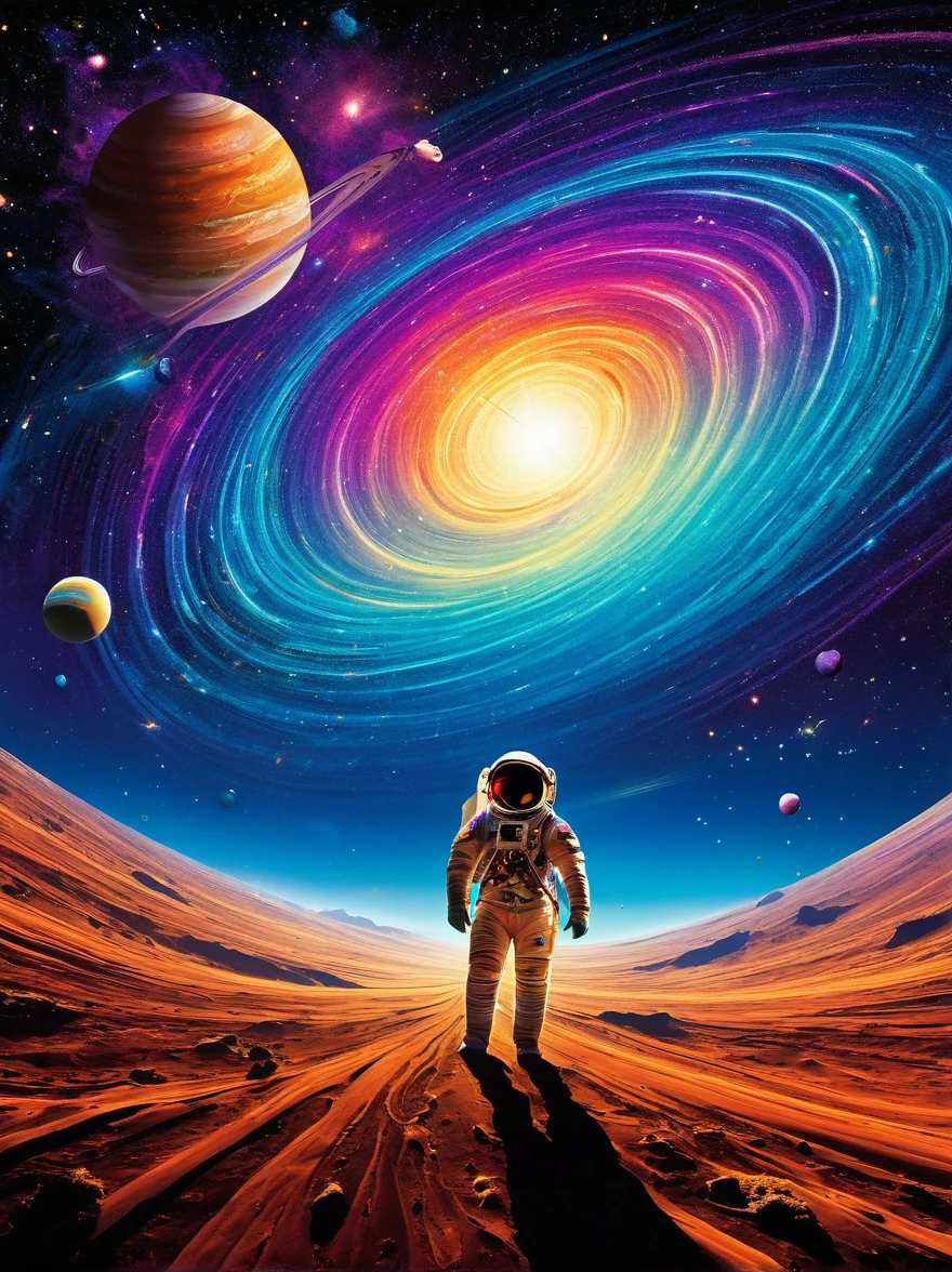 Imagine a surreal perspective of space exploration. There's an astronaut on an abstract shaped planet with swirling colors of cosmic nebulas in the backdrop. A closer look reveals strange flora and fauna, resembling but not quite matching Earth's. The astronaut is tethered to a whimsically curved spacecraft that seems to defy the physics we know. Rings of planets and orbs of sparkling astral dust form asymmetrical patterns across the sky. This visualization is heavily influenced by the abstract and dreamlike qualities seen in the Surrealism movement of the late 19th and early 20th century.