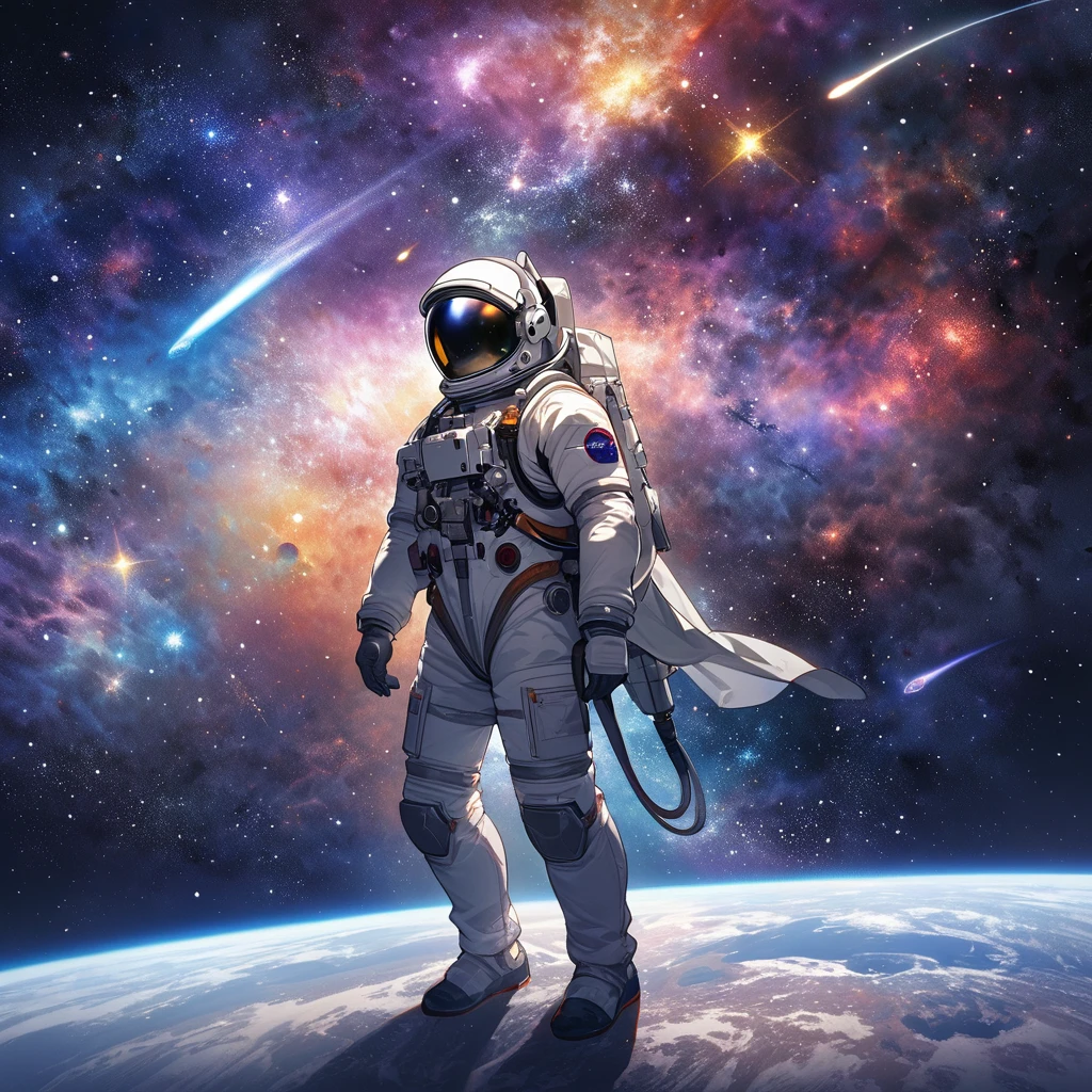 fullbody, full body, In this illustration, horse,1astronaut and 1horse are in a weightless state, suspended in the vast universe. He was wearing a silver space suit, his gaze fixed and curious through the glass of his helmet. Surrounded by brilliant stars, the Milky Way flows, comets streak across the sky, and nebulae slowly rotate, together forming a grand picture of the universe. The existence of astronauts symbolizes humanity's endless dreams and exploratory spirit towards the universe,Astronaut, weightless state, universe, stars, Milky Way, spacesuit, helmet, glass, eyes, curiosity, longing, cosmic space, galaxy, comet, light, nebula, dancer, stage, life, melody, dream, exploratory spirit, boundaries