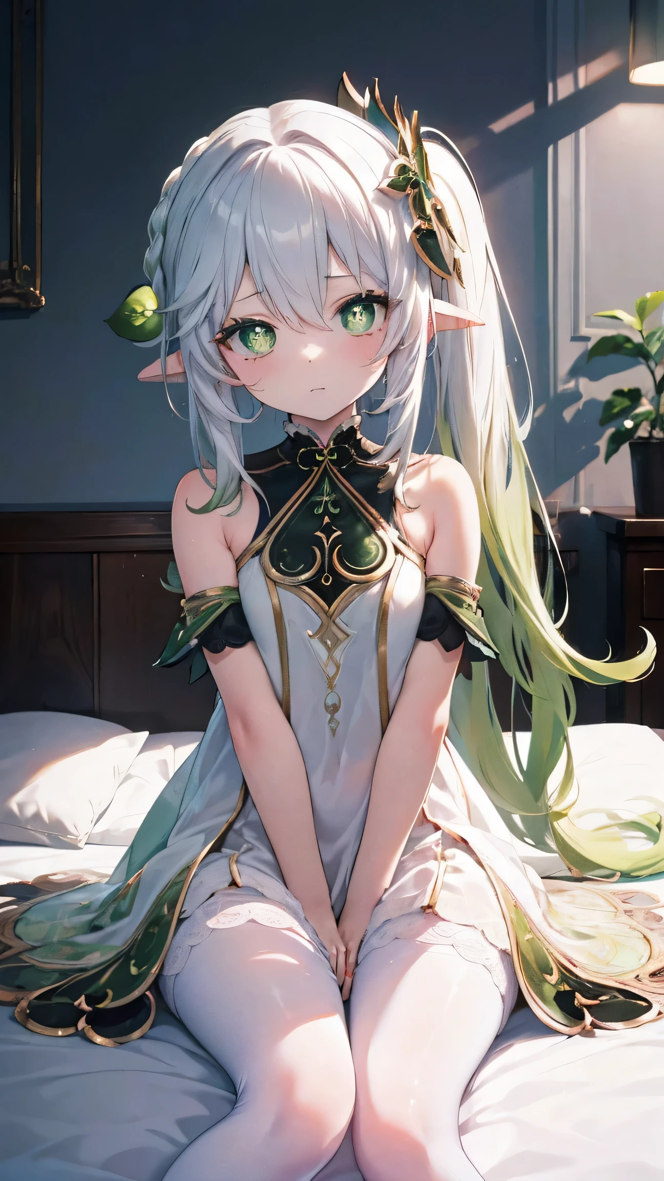 ((masterpiece)), ((Best Quality)), (Ultra-detailed), Anime style, Cute , 1girl in, Solo, 8k, sitting on the bed , no pant,nobra