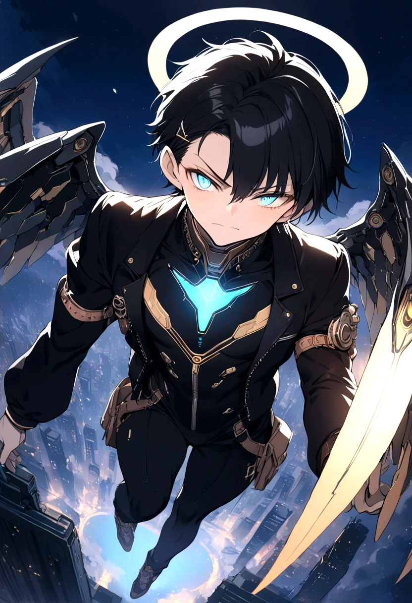 ((anime Illustrator)),best quality , highly detailed,(Full body illustration),detailed cool face,1 little boy, cyber punk costume, shiny skin,(blue glowing eyes),short black hair , shota ,mechanical wing ,steam punk wing, console-like angel HALO ,  boy,  grim face, steam punk, ((moonlight)),flaming angle, 1boy, Mecha