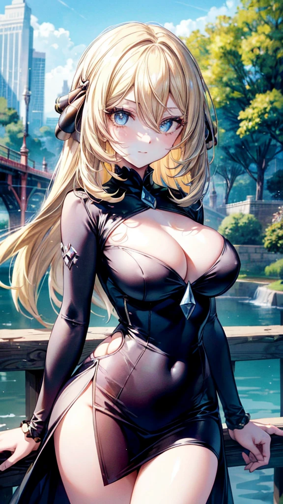 (masterpiece, best quality), 1girl, Cynthia, Cynthia (pokemon), long yellow hair, hair over eyes, sparkling eyes, symmetric face, (beautiful round breasts:1.3), black dress, rich woman attire, vulptous body, mature woman, pov from front, looking at the viewer, slight smile, dynamic pose, sharp gaze, bokeh, HD, 4K, 8K, ultra-detailed, bokeh, river bridge background, blue sky, greenery, natural lighting, cowboy_shot, detailed eyes, detailed face