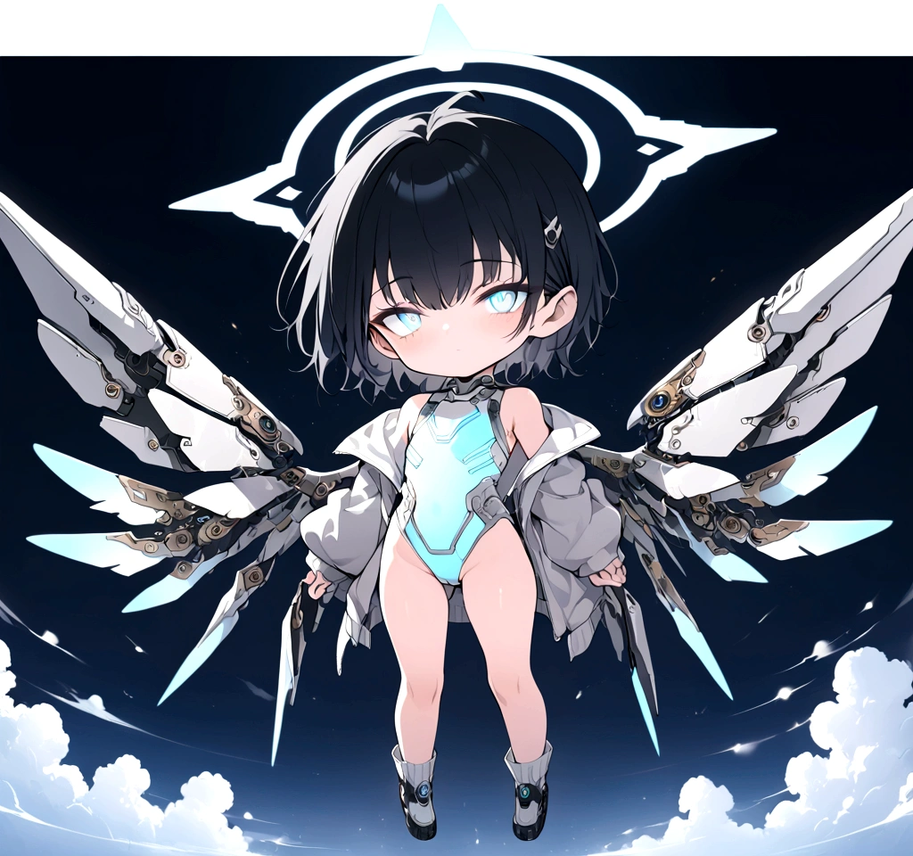 ((anime Illustrator)),best quality , highly detailed,(Full body illustration),detailed cool face,1 , cyber punk silver costume, shiny skin,(blue glowing eyes),short black hair , shota ,mechanical wing ,steam punk wing, console-like angel HALO ,  boy,  grim face, steam punk, 1boy