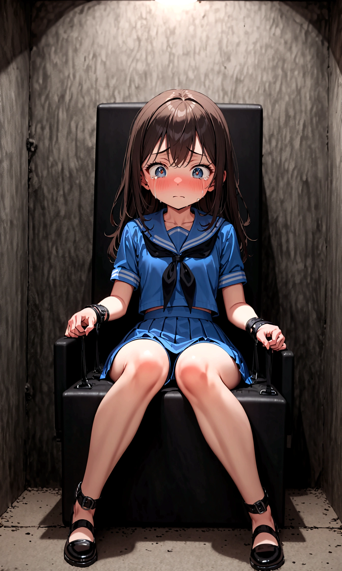 2 girls, ((inside tiny room, strapped to chairs)), (sitting:1.5), (bondage chair:1.5), (blushing:1.5), (open legs:1.5), (crying:1.3), (teary eyes:1.3), ((basement, metal room)), (((3 girls, group of girls))), (inside torture room), arms to sides , wrist cuffs, ankle cuffs, (((worried, teary eyes, struggling))), ((short sleeve,  sailor uniform, tight clohing)), arms to sides, long hair, dark hair, saphire eyes, perfect body, perfect face, detailed face, detailed eyes, 16K