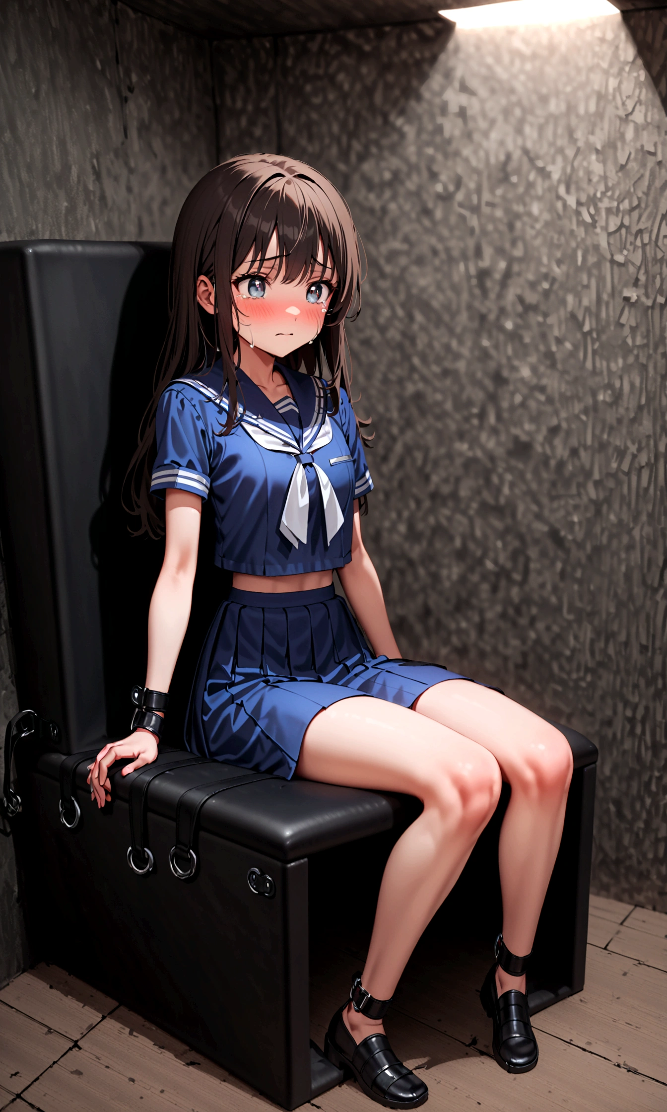 2 girls, ((inside tiny room, strapped to chairs)), (sitting:1.5), (bondage chair:1.5), (blushing:1.5), (open legs:1.5), (crying:1.3), (teary eyes:1.3), ((basement, metal room)), (((3 girls, group of girls))), (inside torture room), arms to sides , wrist cuffs, ankle cuffs, (((worried, teary eyes, struggling))), ((short sleeve,  sailor uniform, tight clohing)), arms to sides, long hair, dark hair, saphire eyes, perfect body, perfect face, detailed face, detailed eyes, 16K