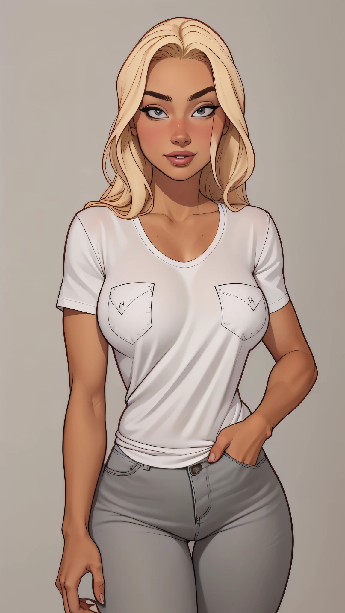 
Neutral colors, close up, portrait of a 25 year old surfer looking girl, beautiful, perfect tan skin, beach blonde salty hair, natural beaty, beautiful, casual, pocket Tee shirt, large perky breasts,  (([simply grey background]))) 