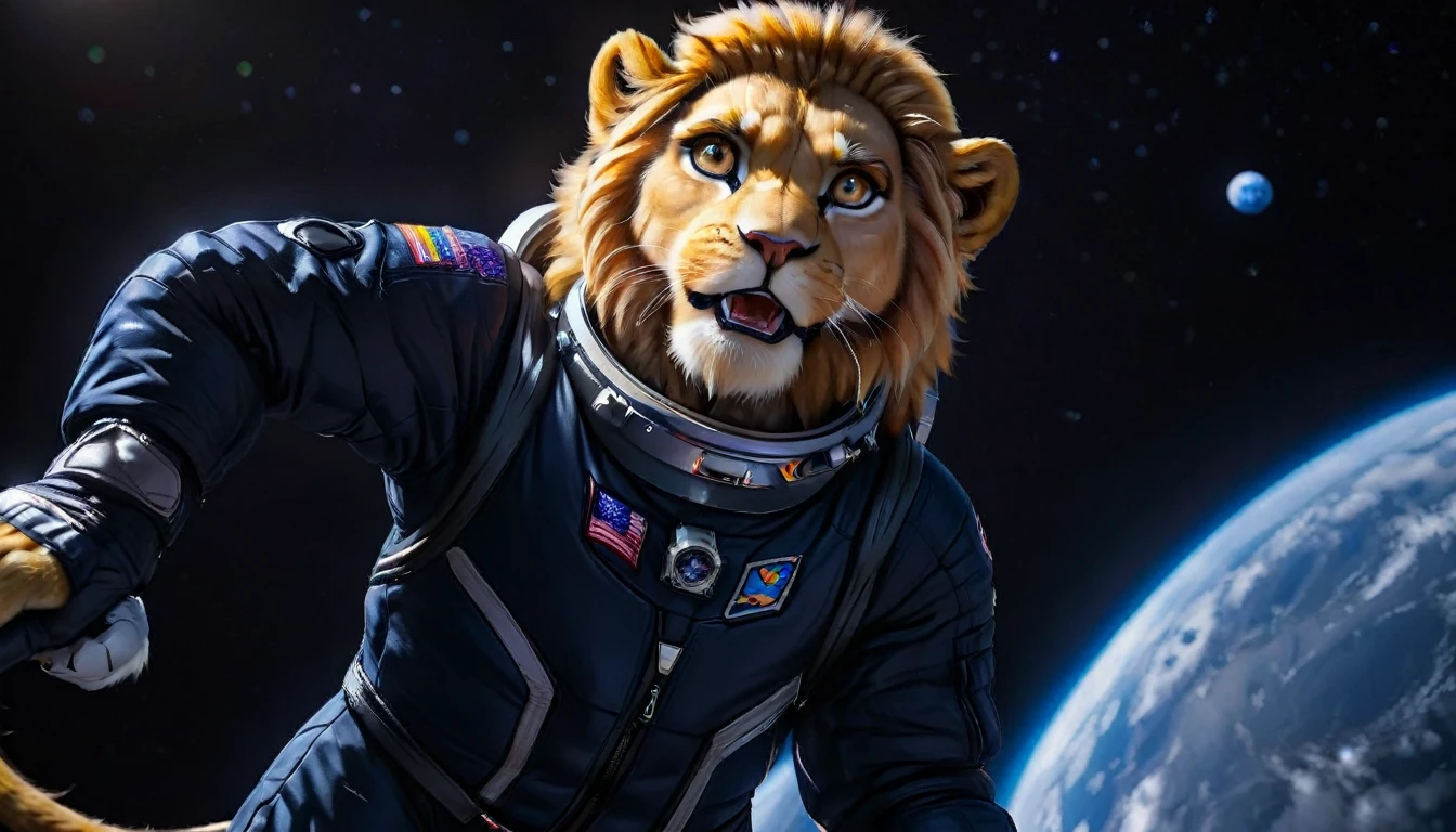 Arafed a picture of a anthomorph lion astronaut he stands on the moon (roaring: 1.3),sense awe, sense of might, king of space,  to space, an epic (anthomorph lion: 1.3), (wearing astronaut suit: 1.5), feline eyes, dynamic colors eyes, roaring as he stands on the moon roaring to space, many stars above him, vibrant, Ultra-high resolution, High Contrast, masterpiece:1.2, highest quality, Best aesthetics), best details, best quality, highres, ultra wide angle, 16k, [ultra detailed], masterpiece, best quality, (extremely detailed), Intense GazeCinematic Hollywood Film