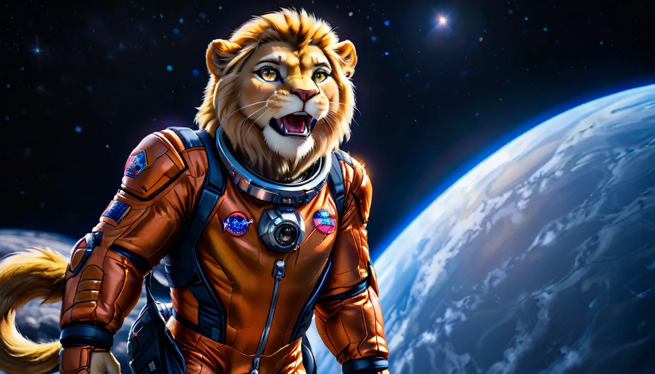 Arafed a picture of a anthomorph lion astronaut he stands on the moon (roaring: 1.3),sense awe, sense of might, king of space,  to space, an epic (anthomorph lion: 1.3), (wearing astronaut suit: 1.5), feline eyes, dynamic colors eyes, roaring as he stands on the moon roaring to space, many stars above him, vibrant, Ultra-high resolution, High Contrast, masterpiece:1.2, highest quality, Best aesthetics), best details, best quality, highres, ultra wide angle, 16k, [ultra detailed], masterpiece, best quality, (extremely detailed), Intense GazeCinematic Hollywood Film