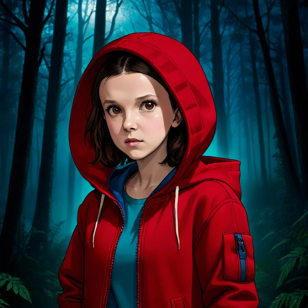 front view, milli3 woman, Millie Bobby Brown, mbb, wearing a red jacket and a hood in a dark forrest, horror style, stranger things, netflix, (( millie bobby brown )) , eleven