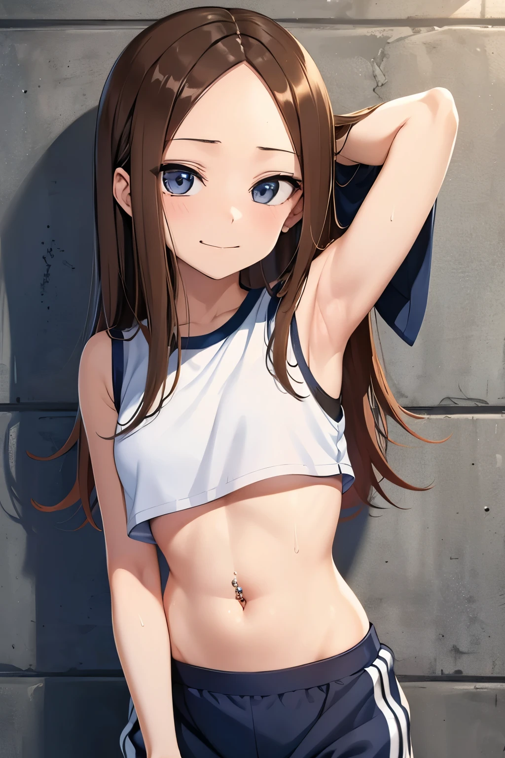 Girl ,   body,  very long  hair,  no happy smug ,  blue eyes , smug smile , seios  planos  , Gym Uniform Underboobs  sport bra , blomer  . Belly button piercing,  sweat. 